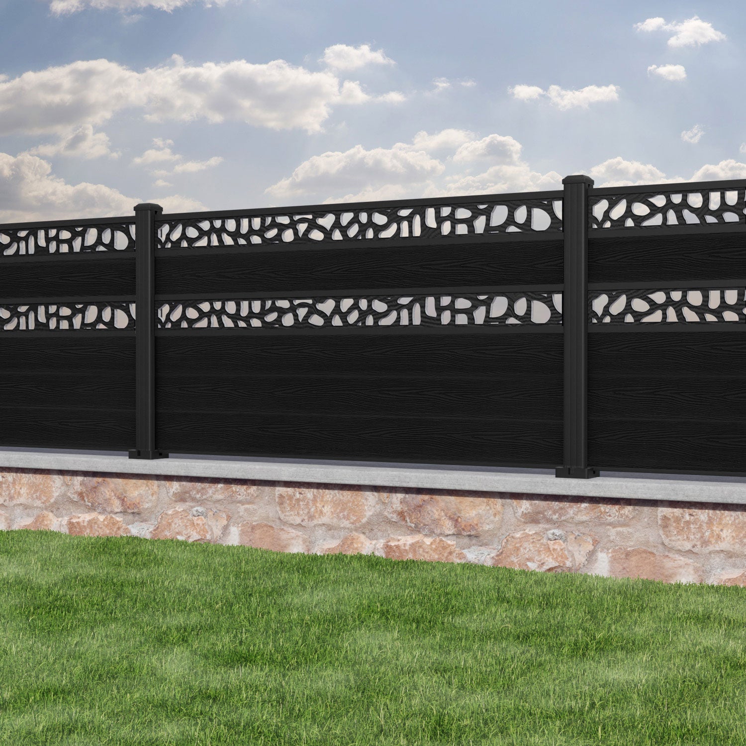 Classic Pebble Split Screen Fence Panel - Black - with our aluminium posts
