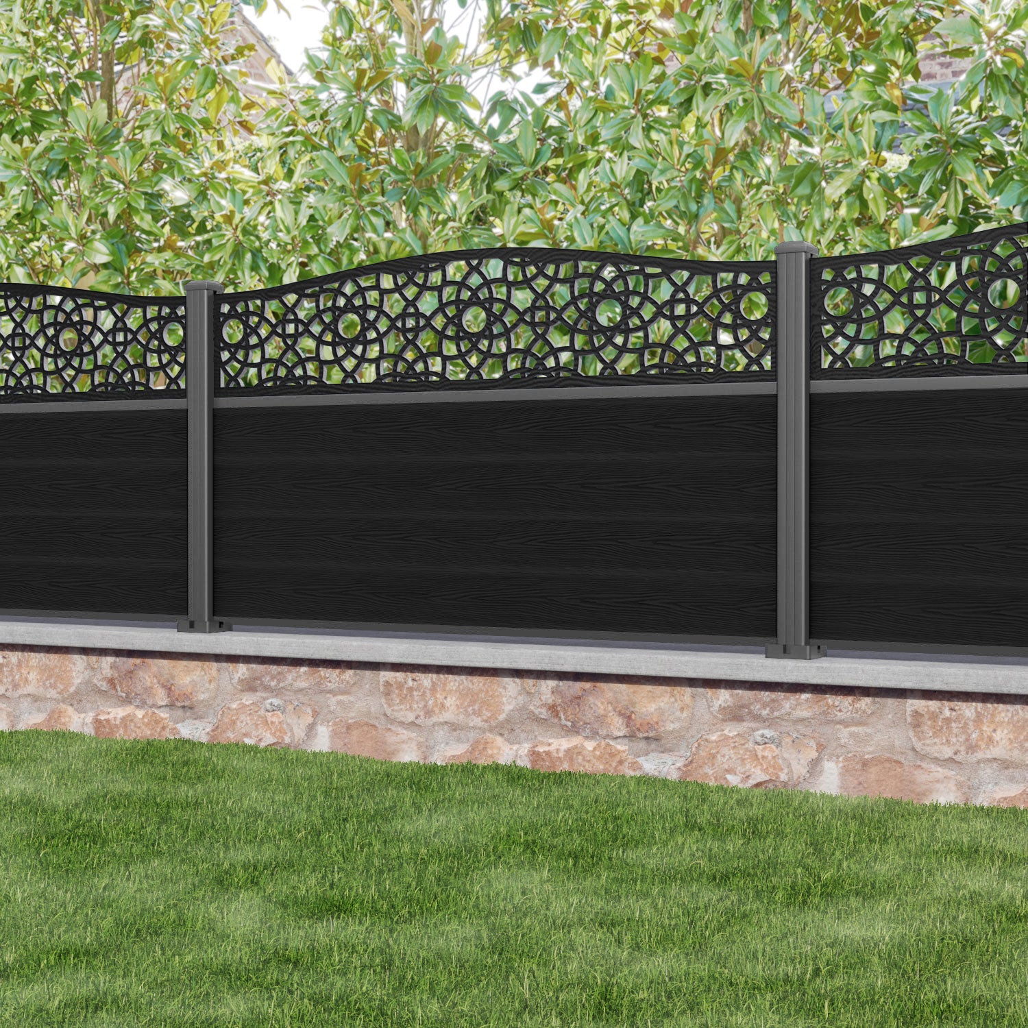 Classic Ambar Curved Top Fence Panel - Black - with our aluminium posts