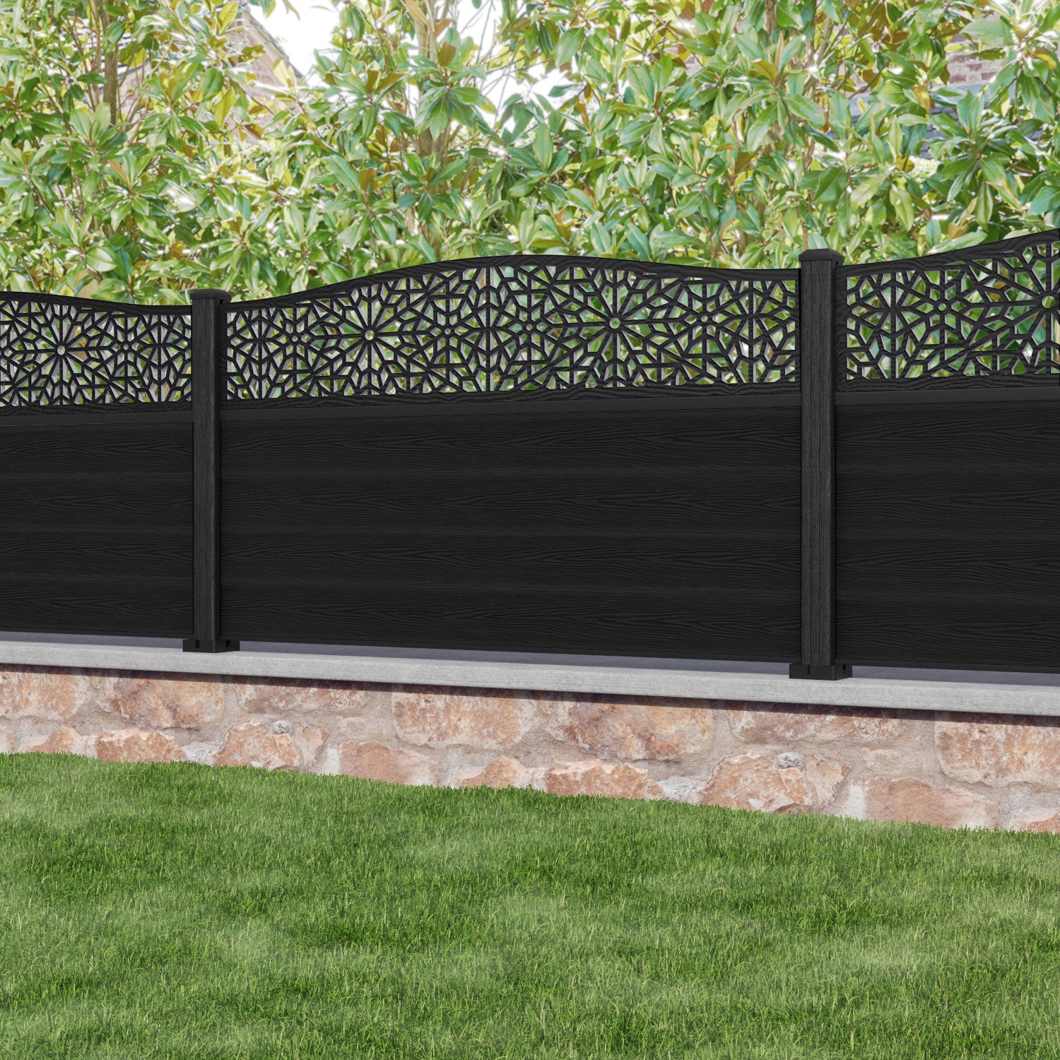 Classic Alnara Curved Top Fence Panel - Black - with our composite posts
