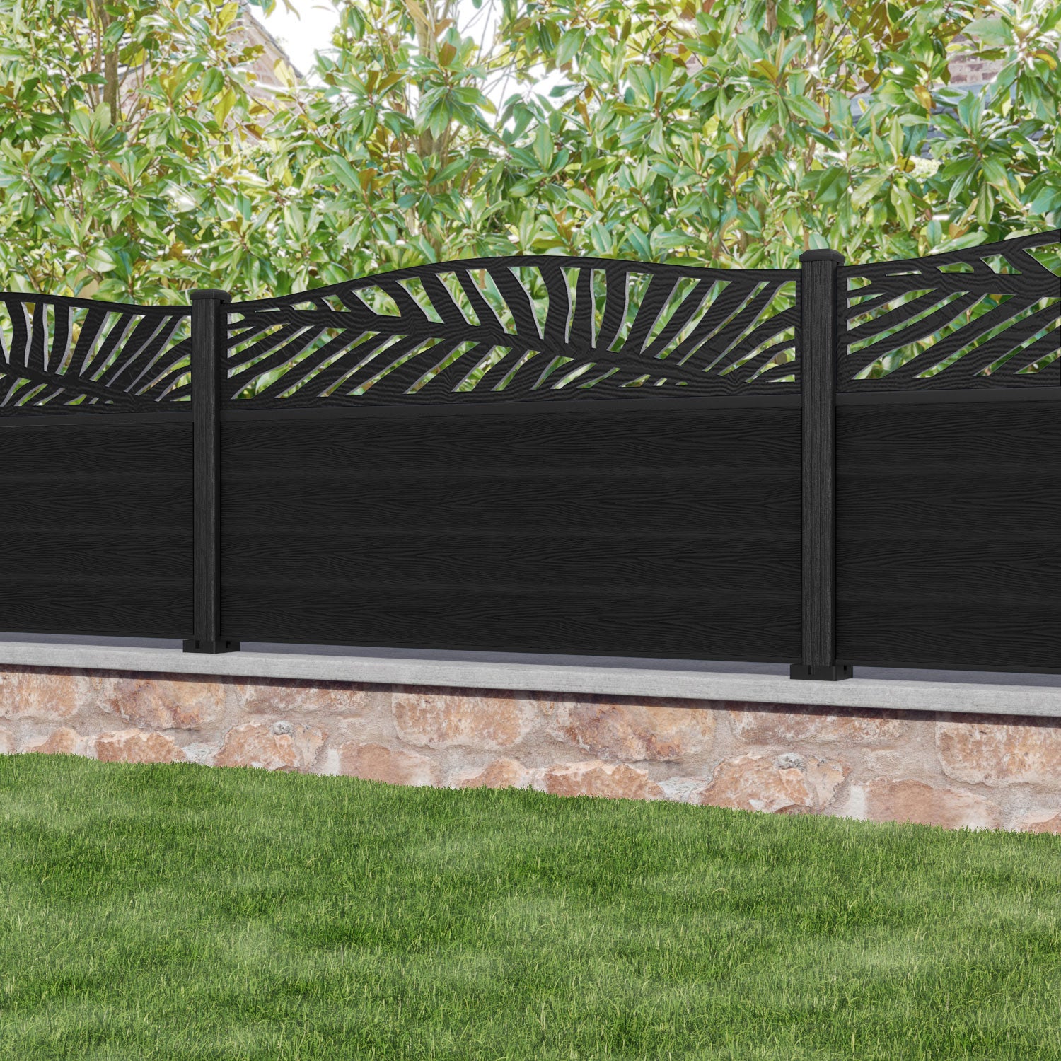 Classic Palm Curved Top Fence Panel - Black - with our composite posts
