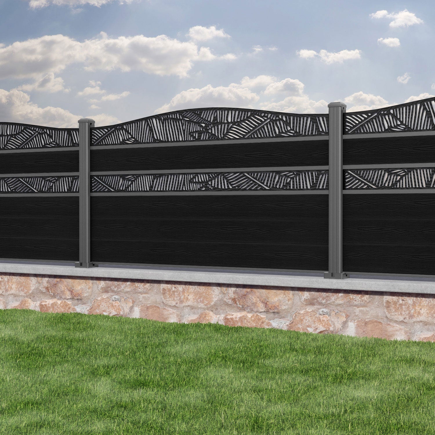 Classic Feather Curved Top Split Screen Fence Panel - Black - with our aluminium posts