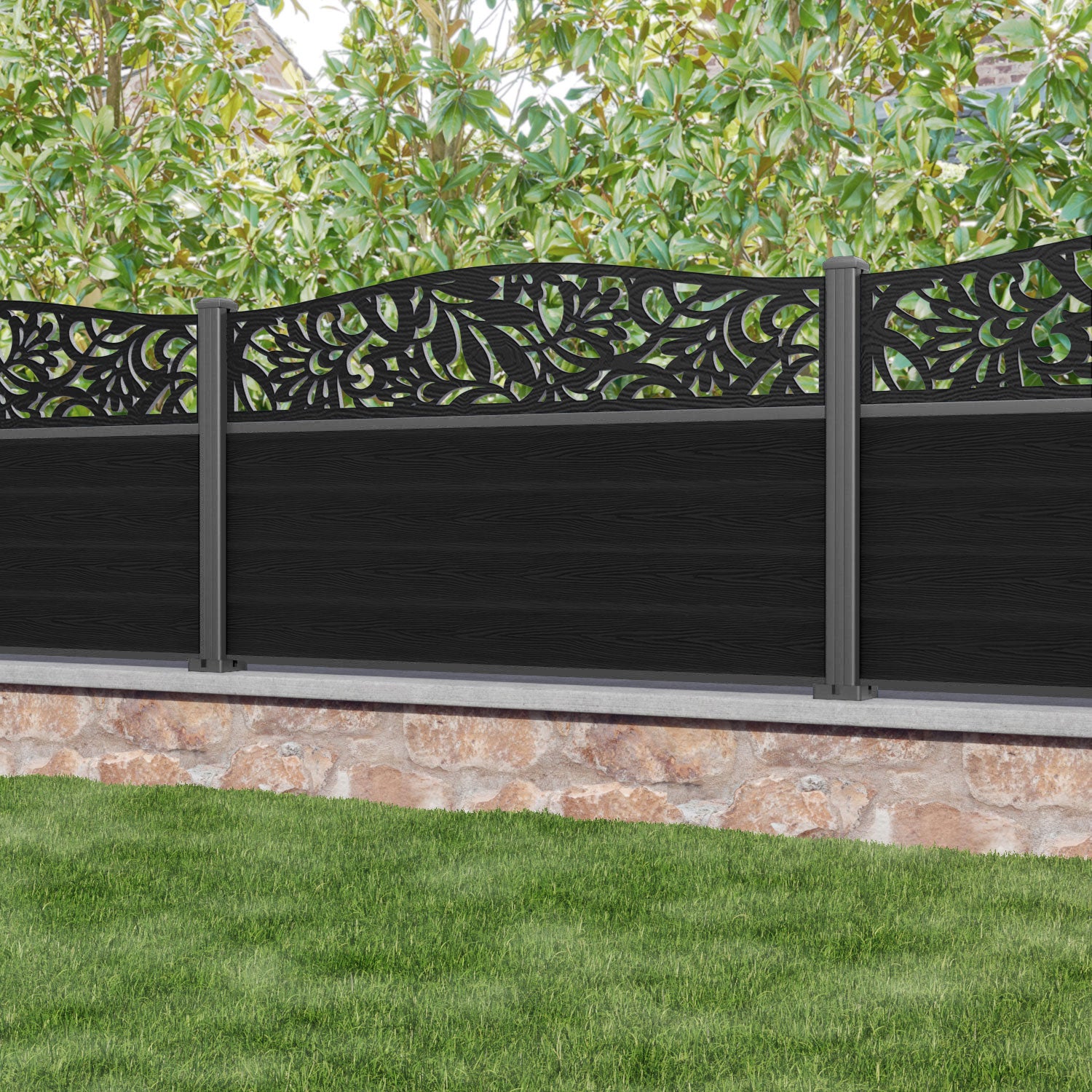 Classic Heritage Curved Top Fence Panel - Black - with our aluminium posts