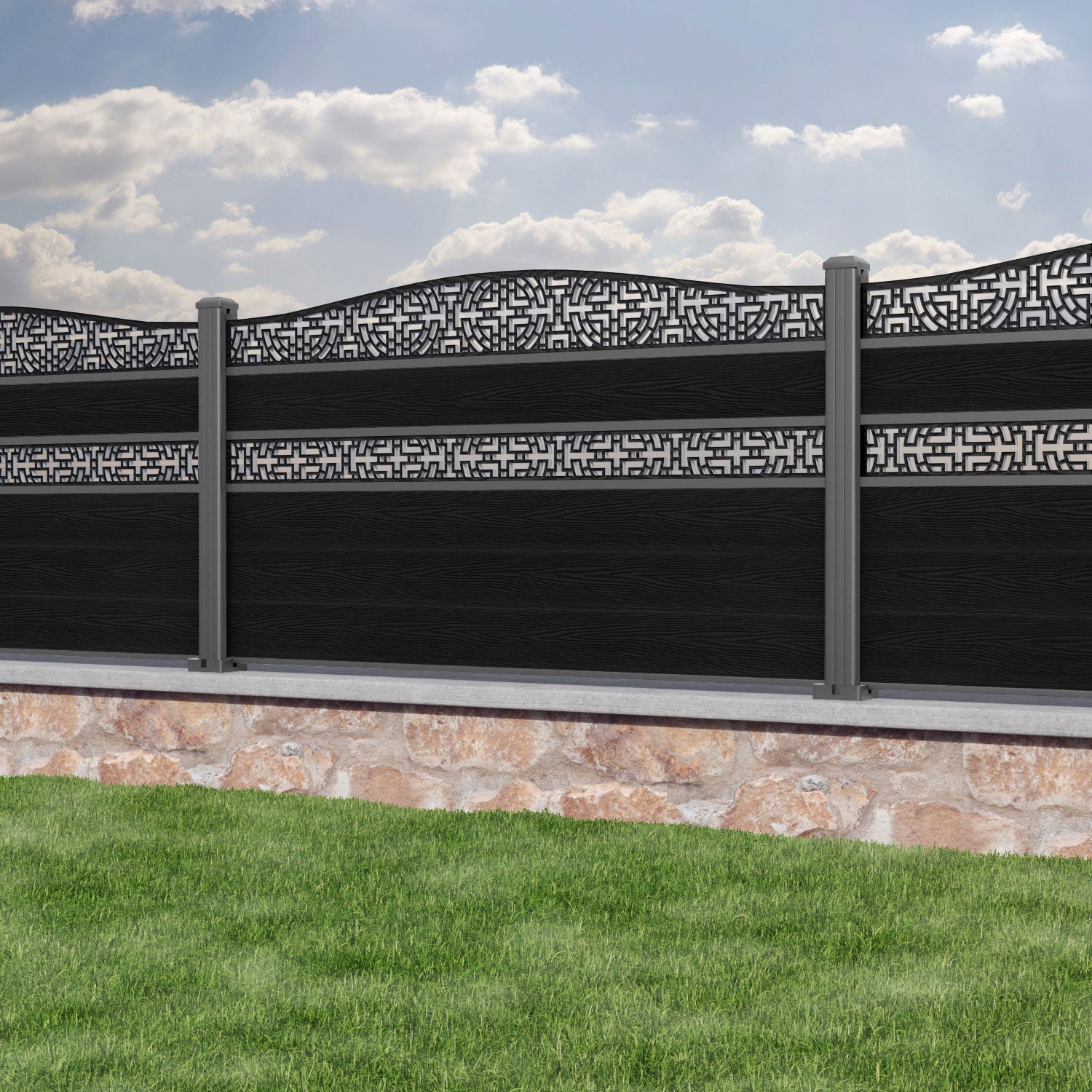 Classic Kumo Curved Top Split Screen Fence Panel - Black - with our aluminium posts