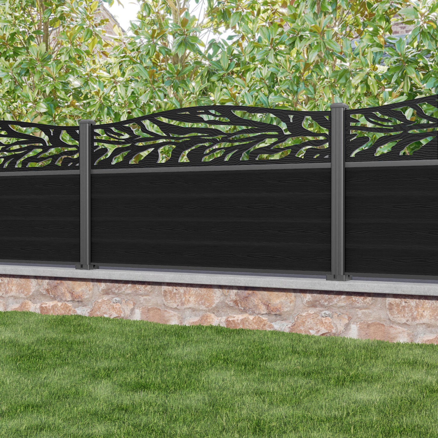 Classic Malawi Curved Top Fence Panel - Black - with our aluminium posts