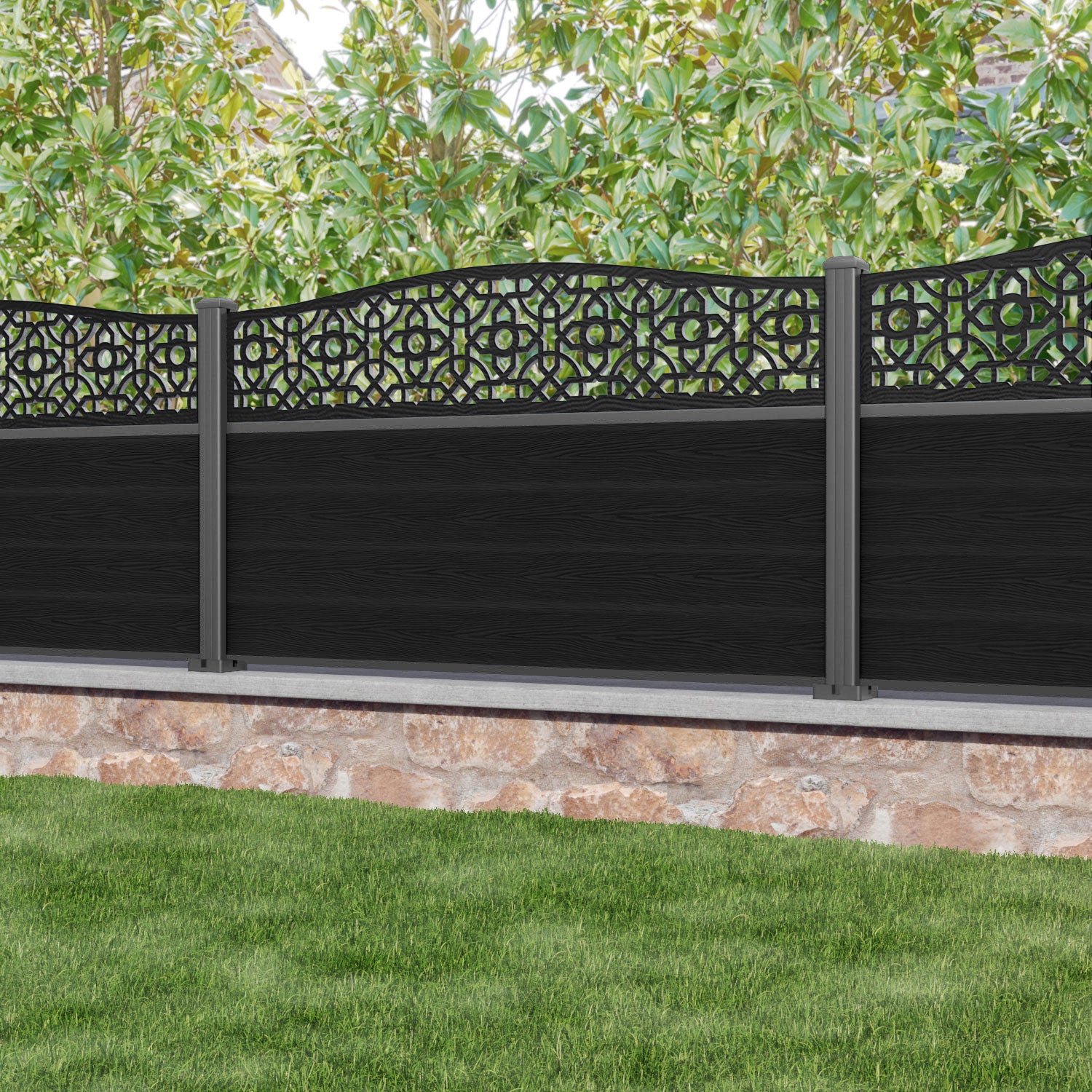 Classic Nabila Curved Top Fence Panel - Black - with our aluminium posts
