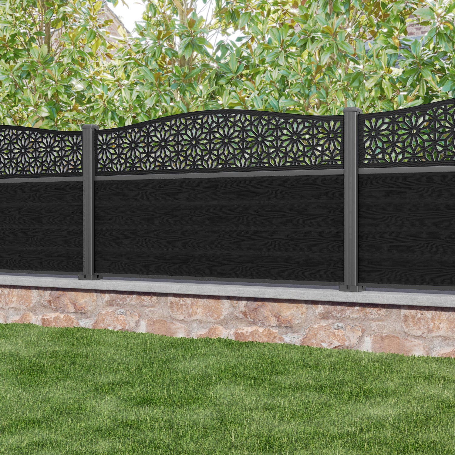 Classic Narwa Curved Top Fence Panel - Black - with our aluminium posts