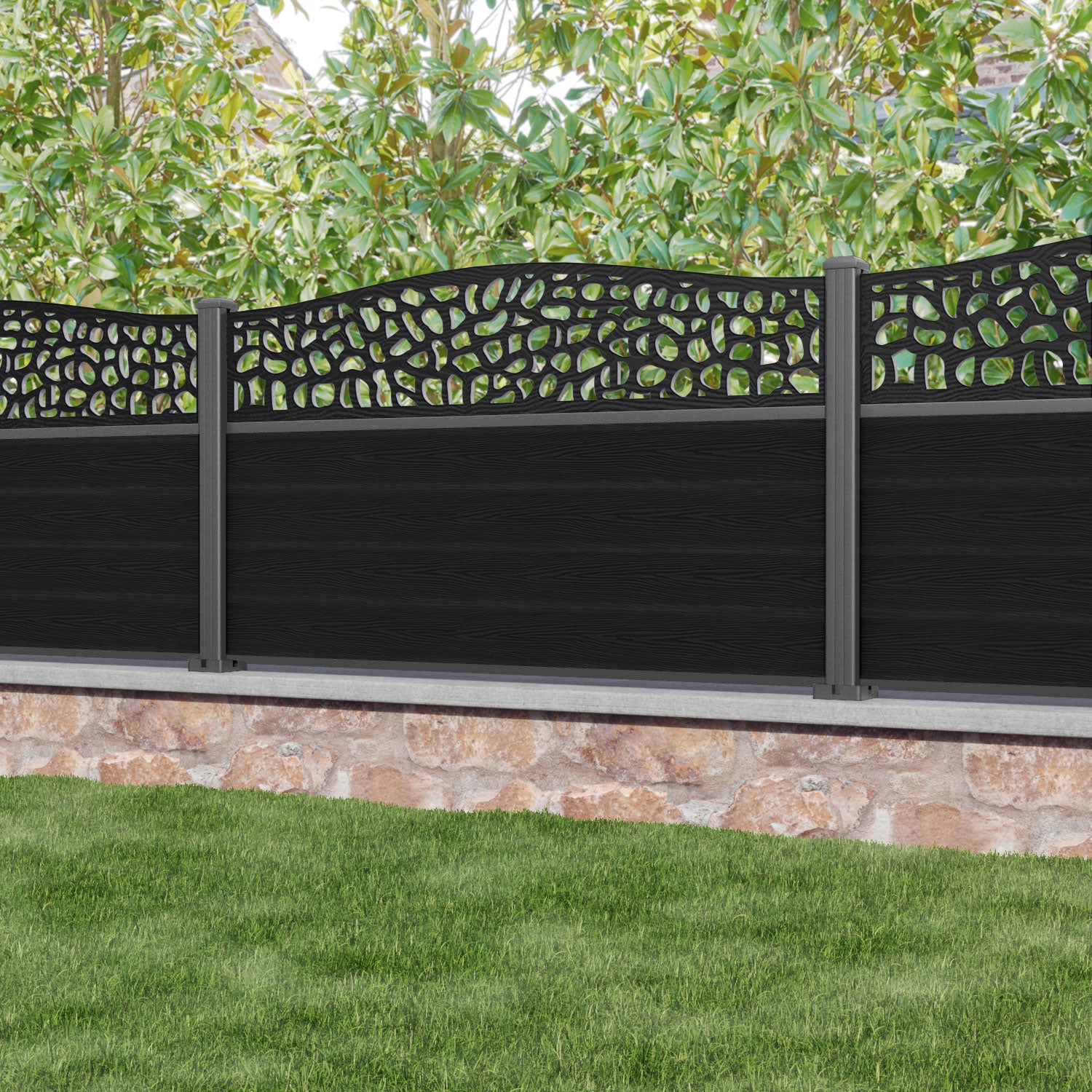 Classic Pebble Curved Top Fence Panel - Black - with our aluminium posts