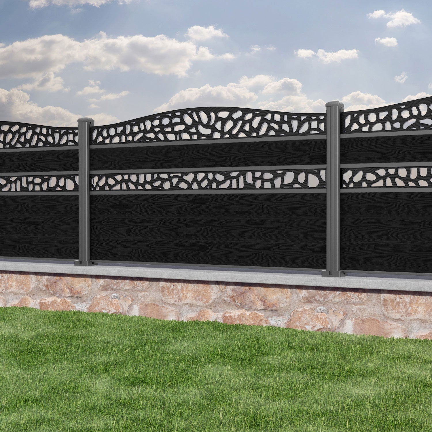 Classic Pebble Curved Top Split Screen Fence Panel - Black - with our aluminium posts