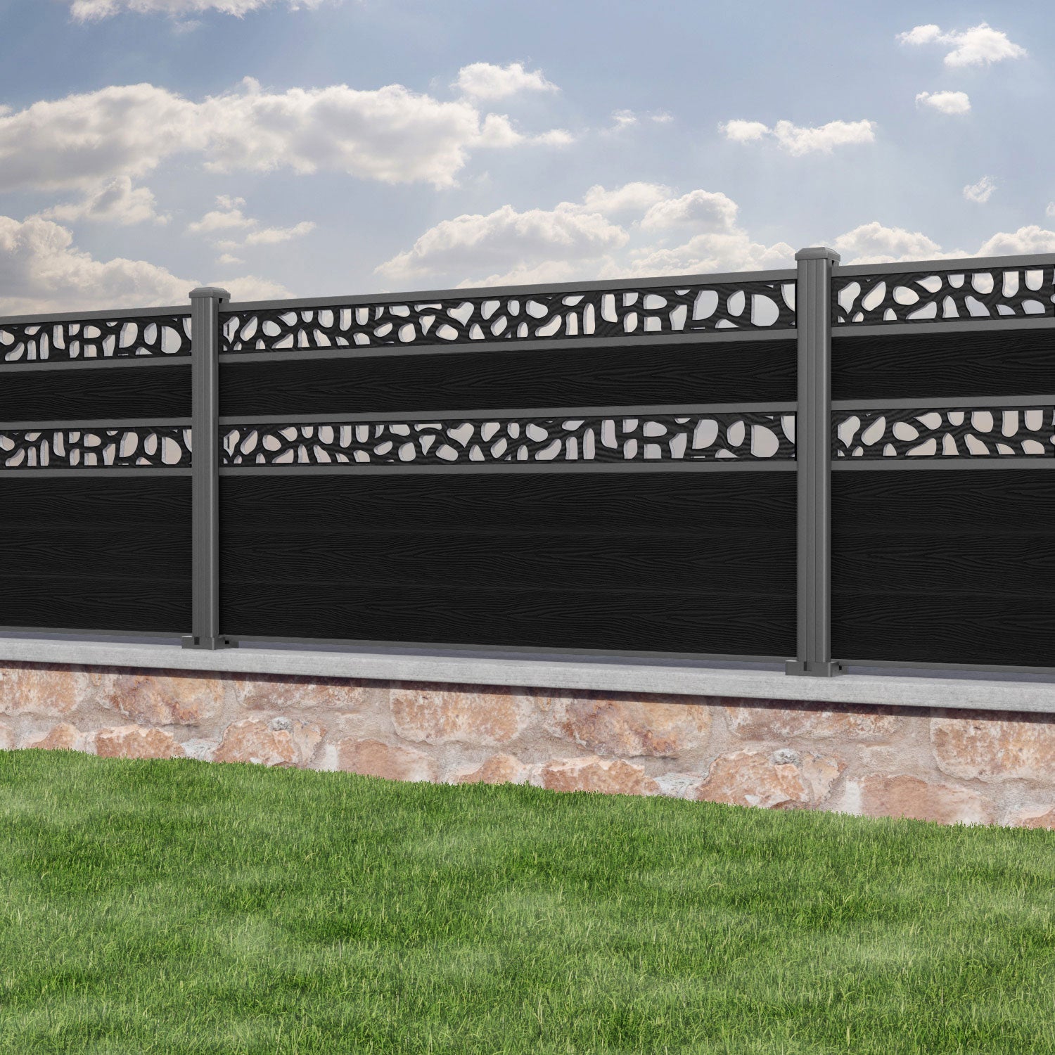 Classic Pebble Split Screen Fence Panel - Black - with our aluminium posts