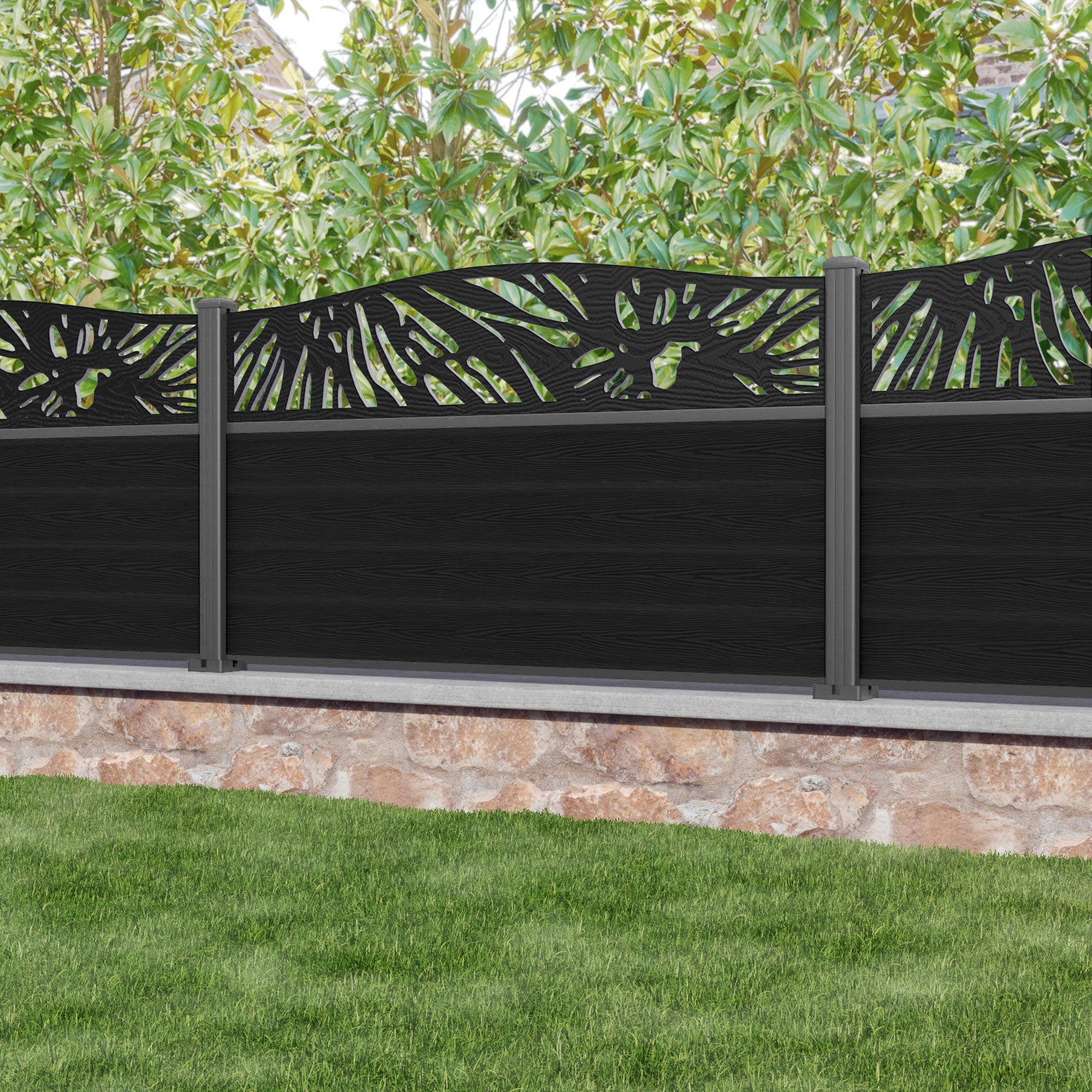 Classic Poppy Curved Top Fence Panel - Black - with our aluminium posts