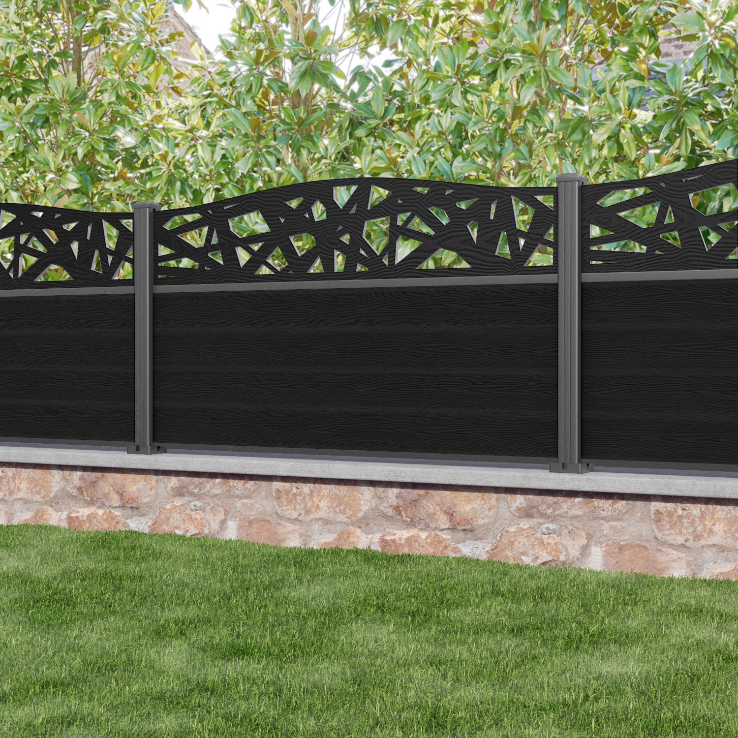 Classic Prism Curved Top Fence Panel - Black - with our aluminium posts