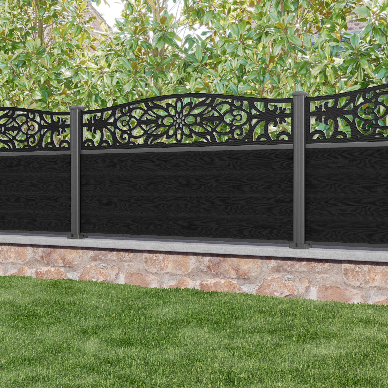 Classic Windsor Curved Top Fence Panel - Black - with our aluminium posts