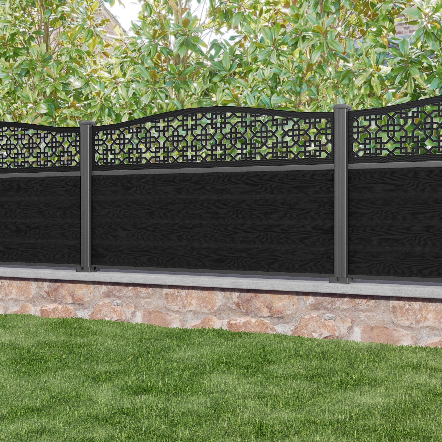 Classic Zaria Curved Top Fence Panel - Black - with our aluminium posts