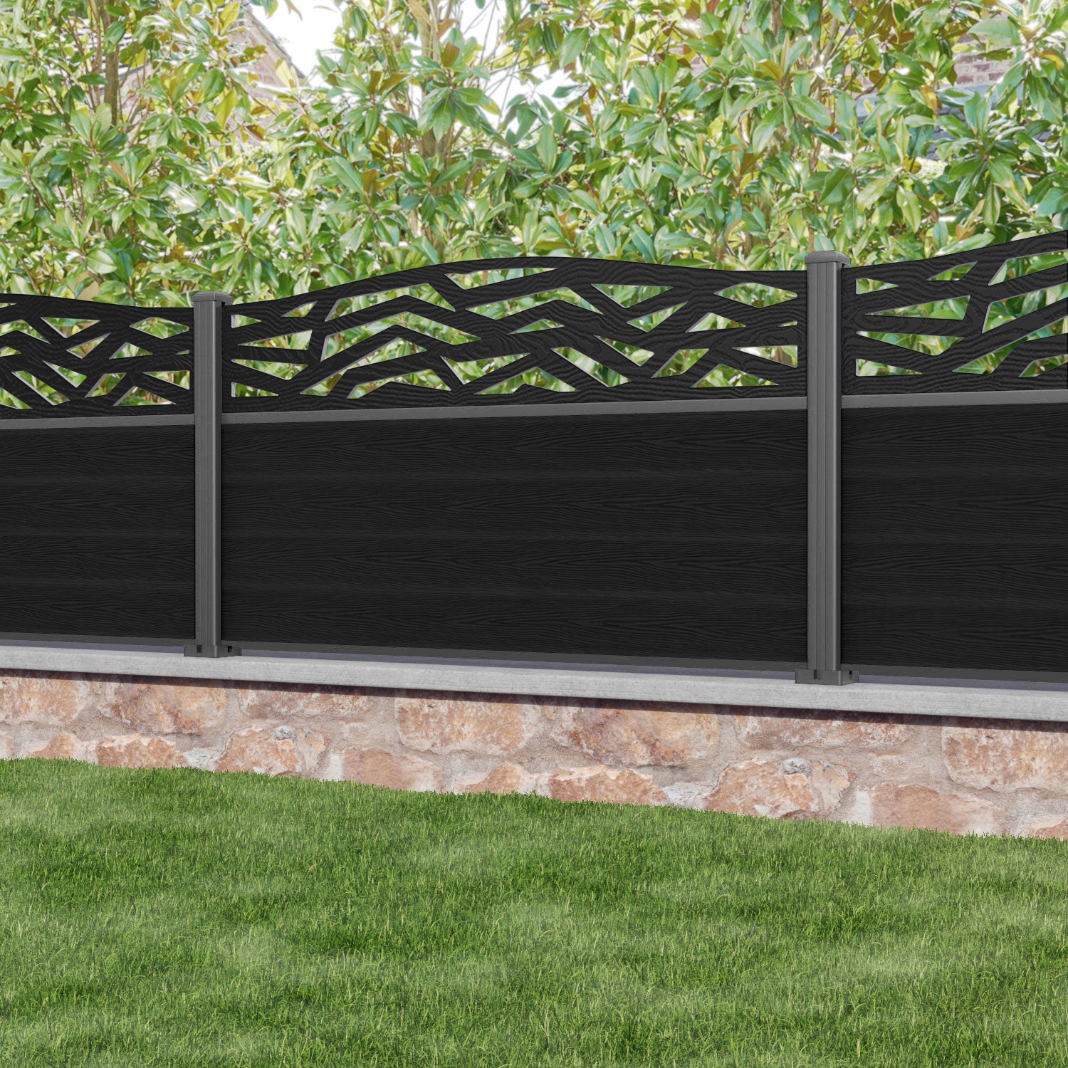 Classic Zenith Curved Top Fence Panel - Black - with our aluminium posts