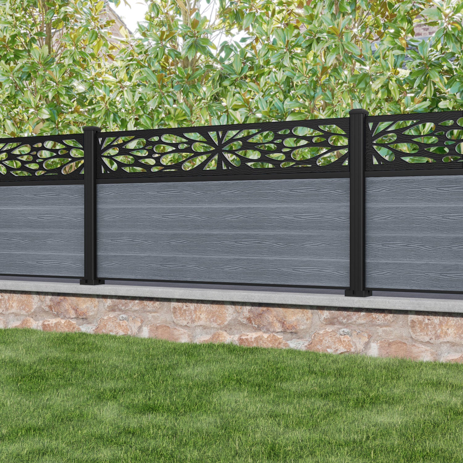 Classic Blossom Fence Panel - Anthracite - with our aluminium posts