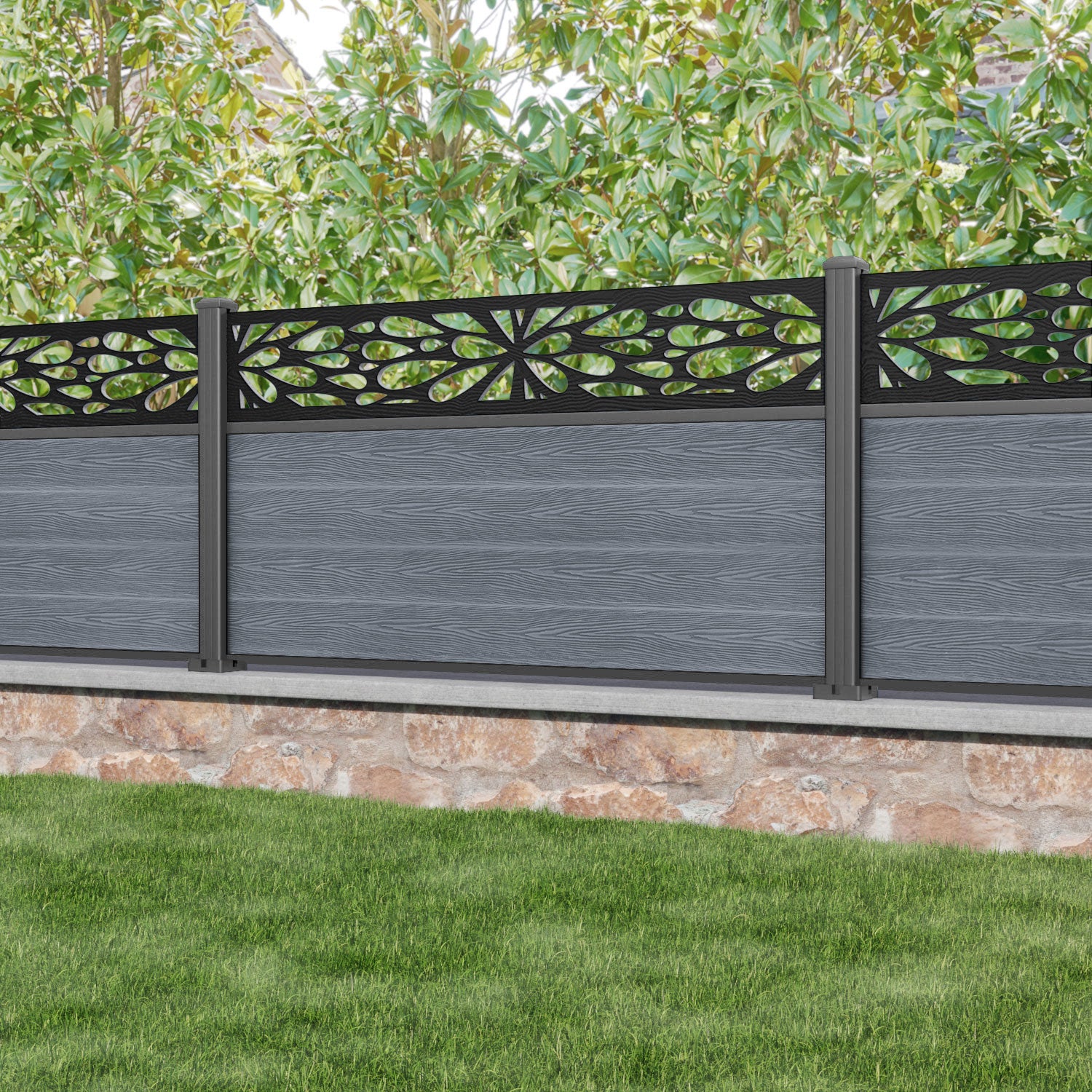 Classic Blossom Fence Panel - Anthracite - with our aluminium posts
