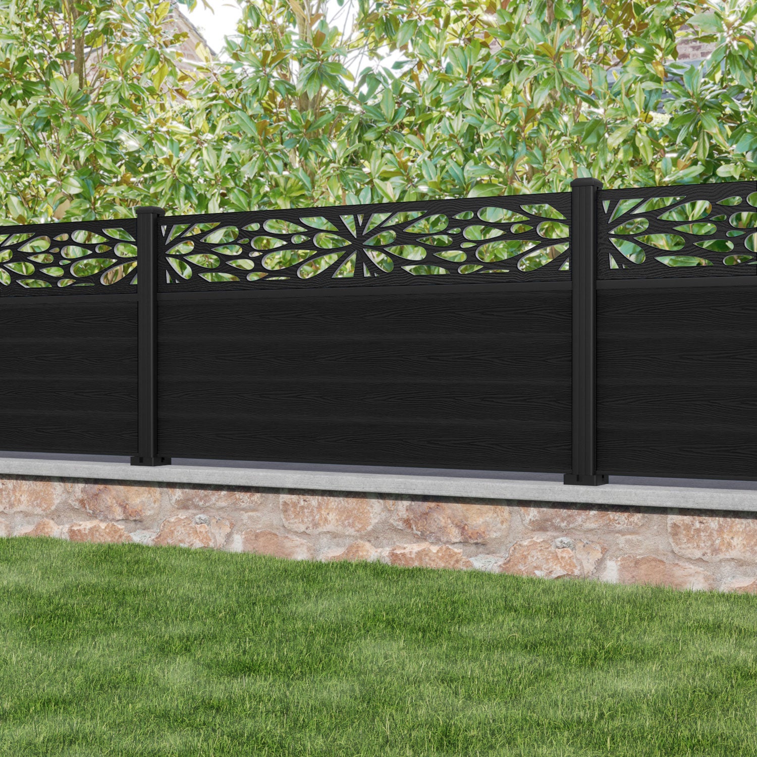 Classic Blossom Fence Panel - Black - with our aluminium posts
