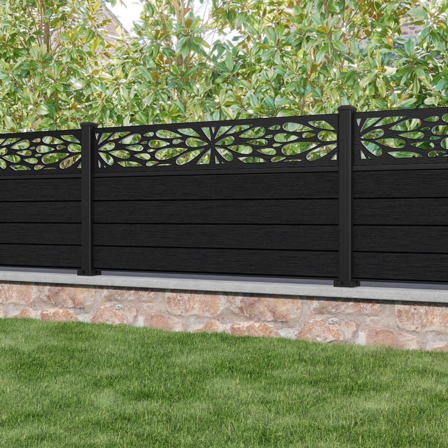Fusion Blossom Fence Panel - Black - with our aluminium posts