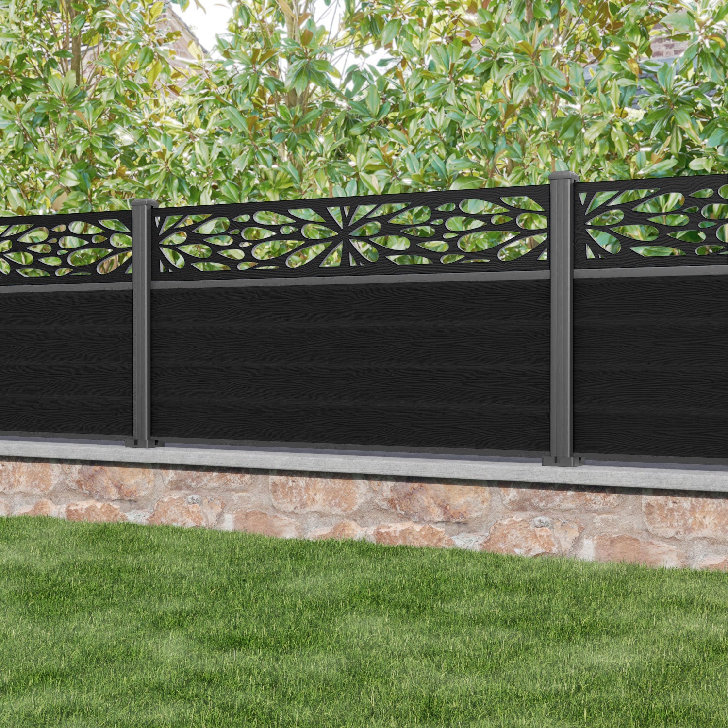 Classic Blossom Fence Panel - Black - with our aluminium posts