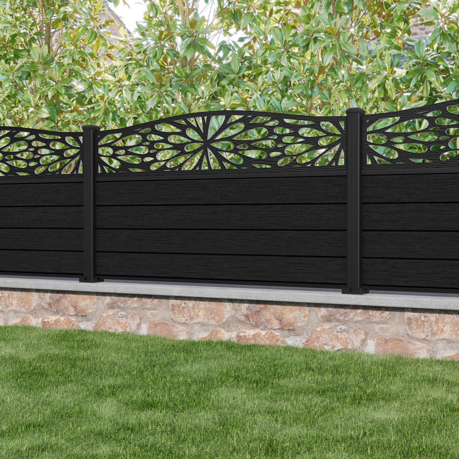 Fusion Blossom Curved Top Fence Panel - Black - with our aluminium posts