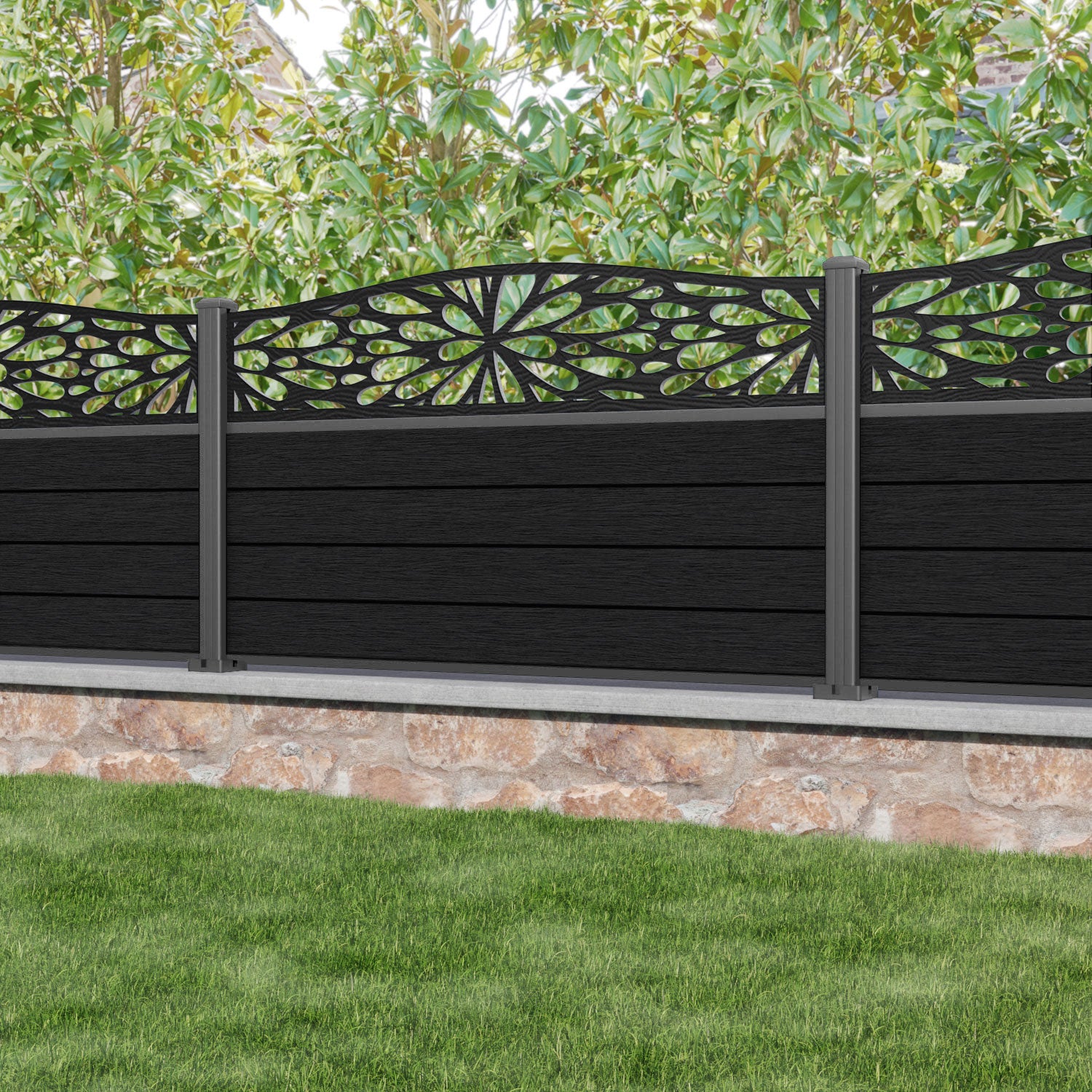 Fusion Blossom Curved Top Fence Panel - Black - with our aluminium posts