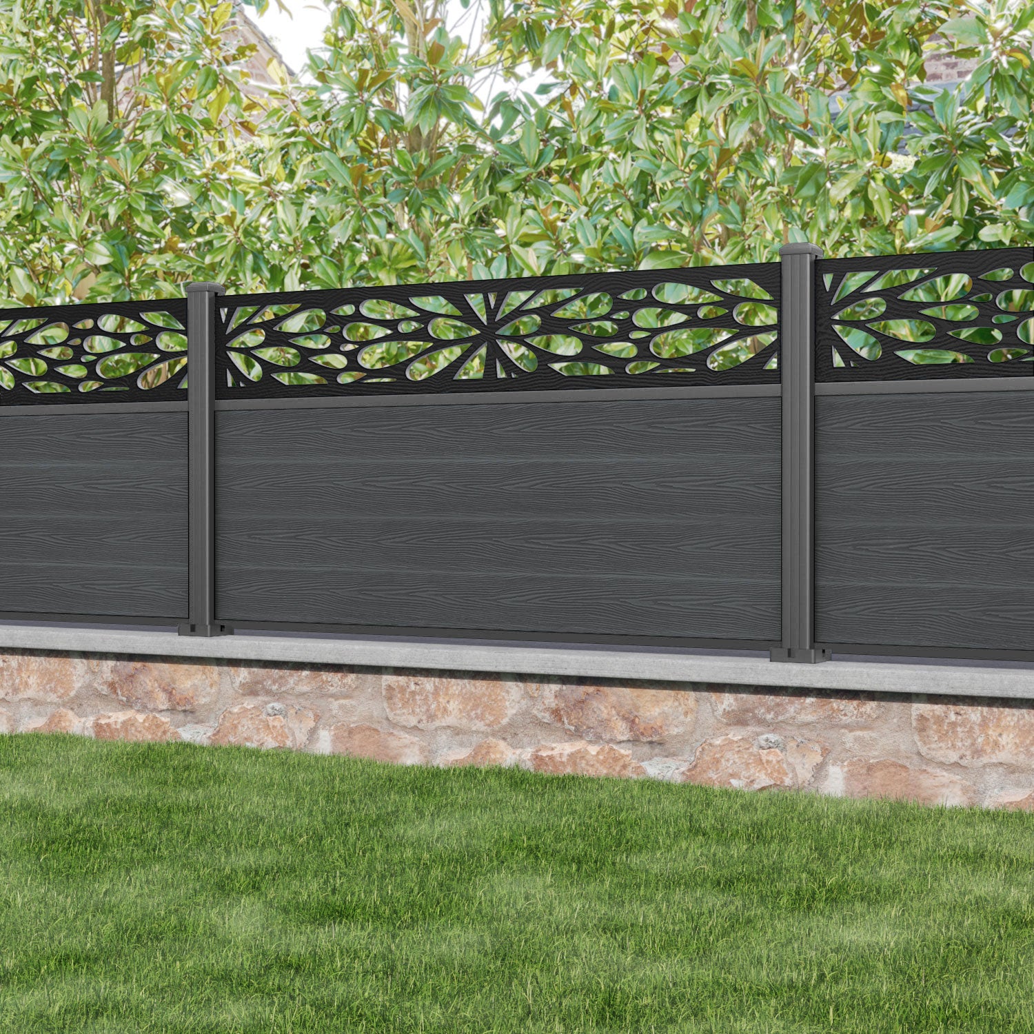 Classic Blossom Fence Panel - Dark Grey - with our aluminium posts
