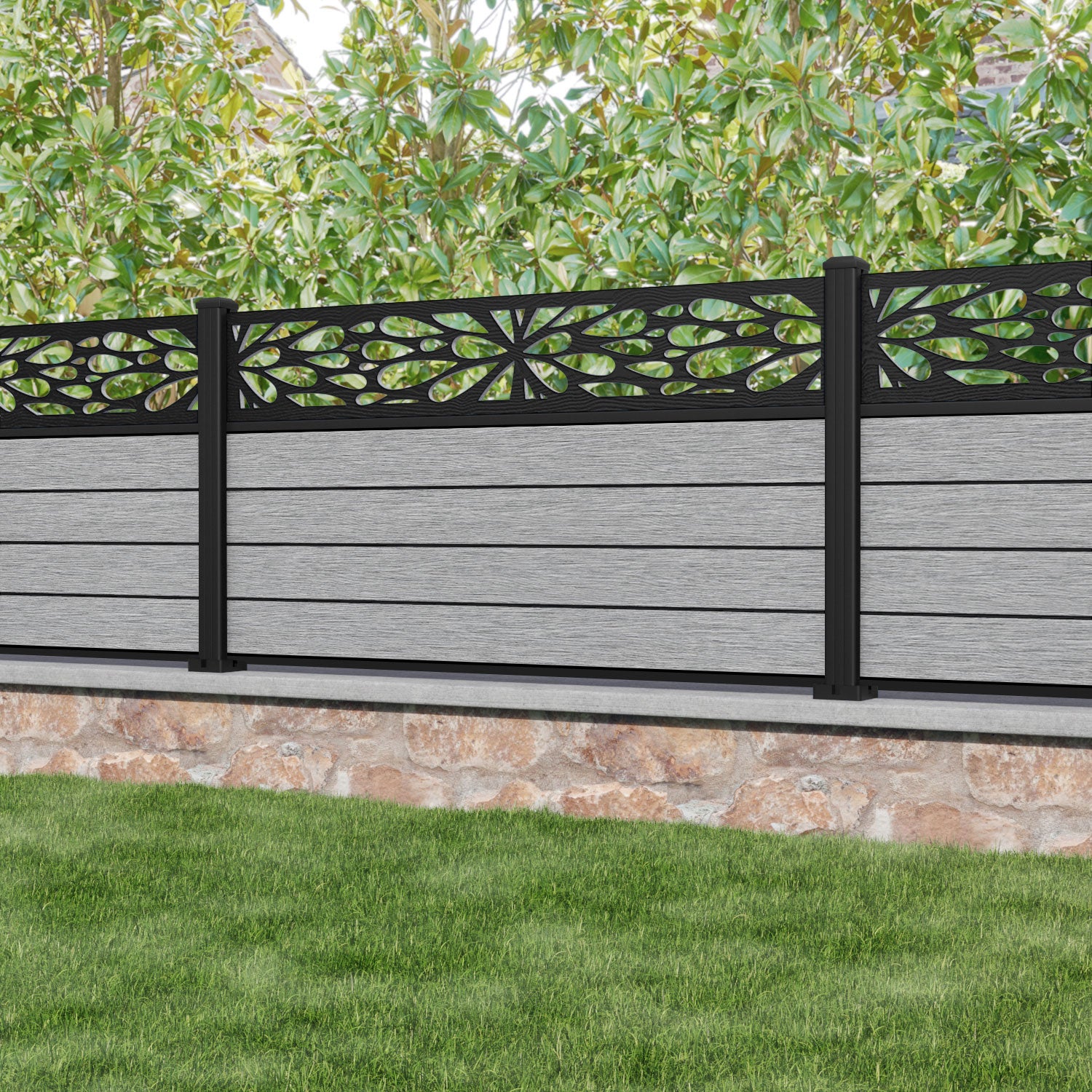 Fusion Blossom Fence Panel - Light Grey - with our aluminium posts