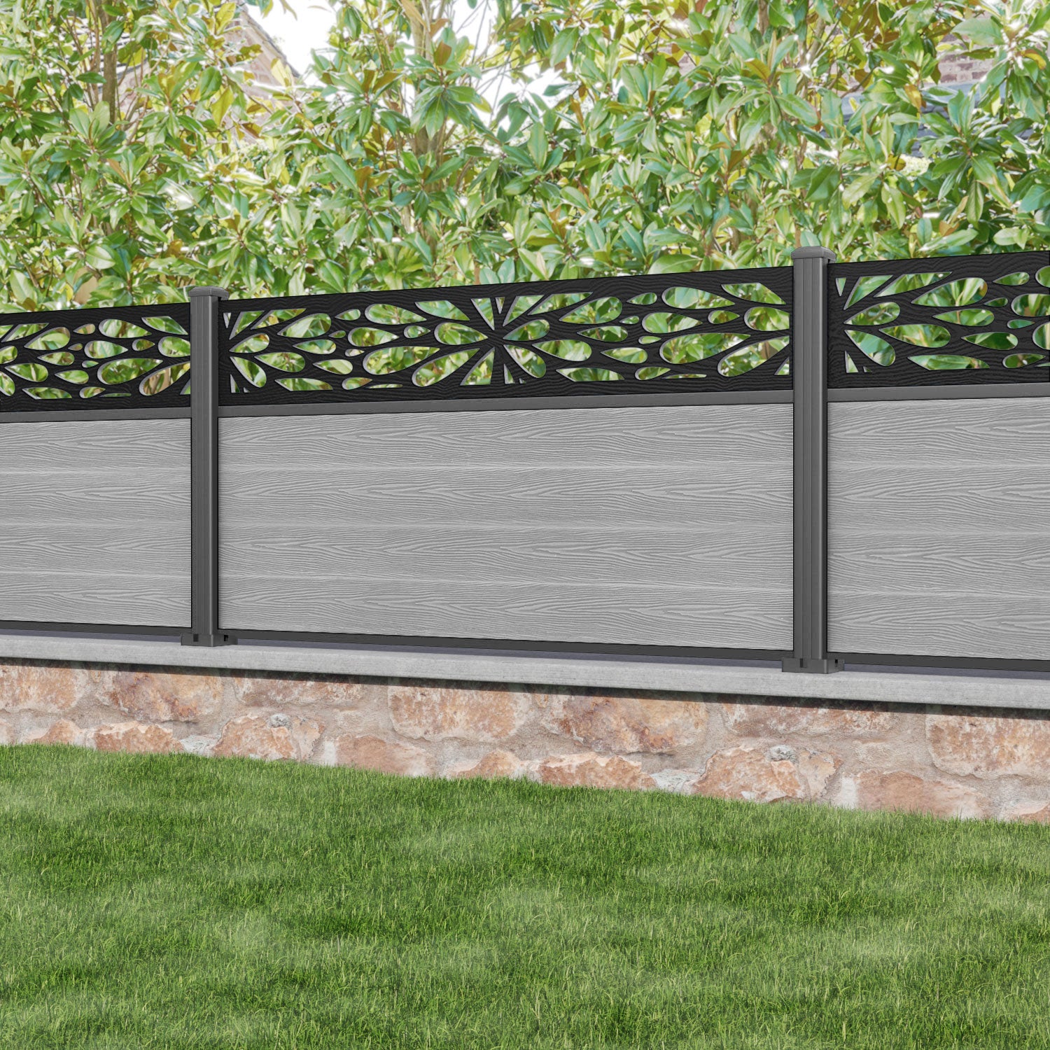 Classic Blossom Fence Panel - Light Grey - with our aluminium posts
