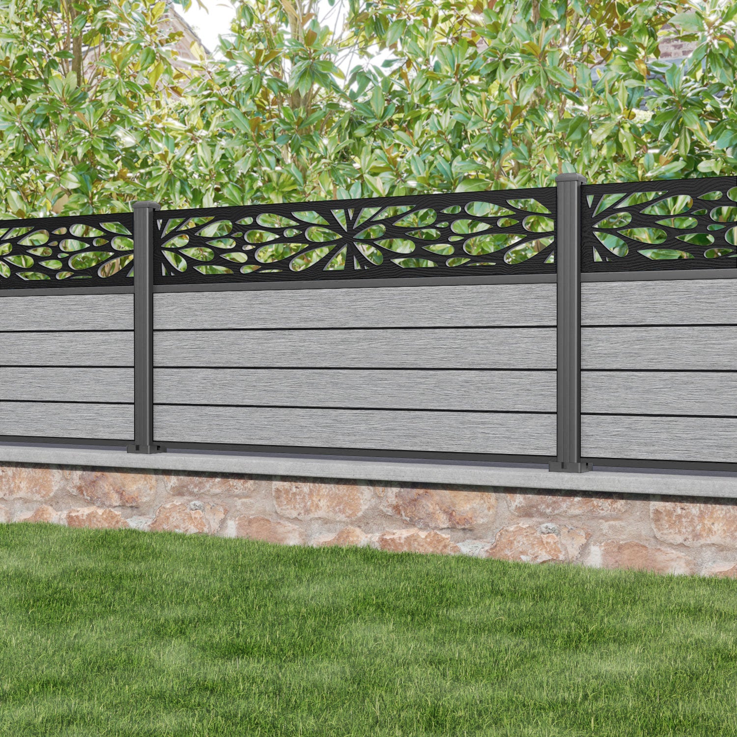 Fusion Blossom Fence Panel - Light Grey - with our aluminium posts