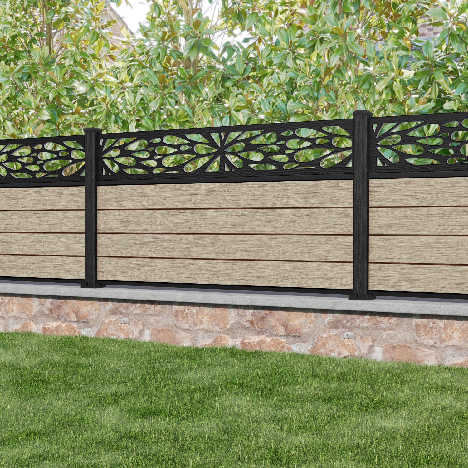 Fusion Blossom Fence Panel - Light Oak - with our composite posts
