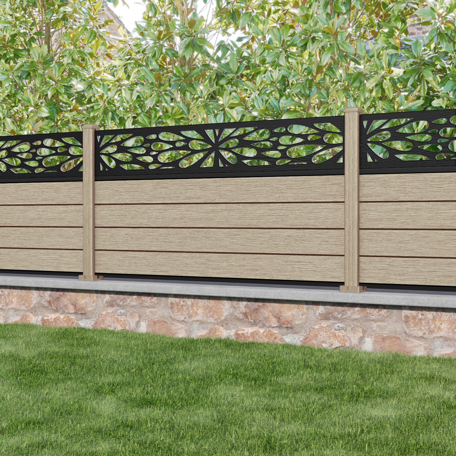 Fusion Blossom Fence Panel - Light Oak - with our composite posts