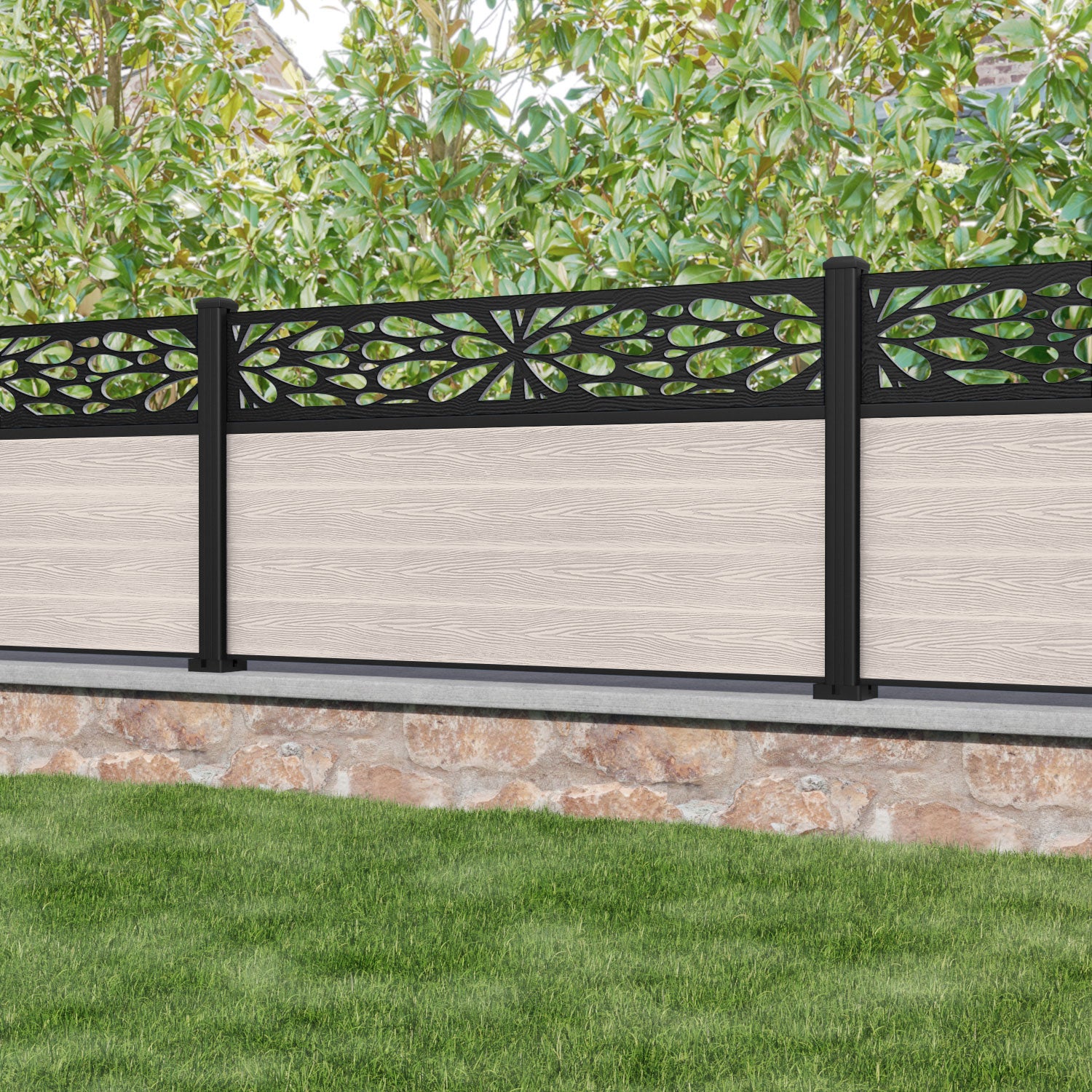 Classic Blossom Fence Panel - Mid Stone - with our aluminium posts