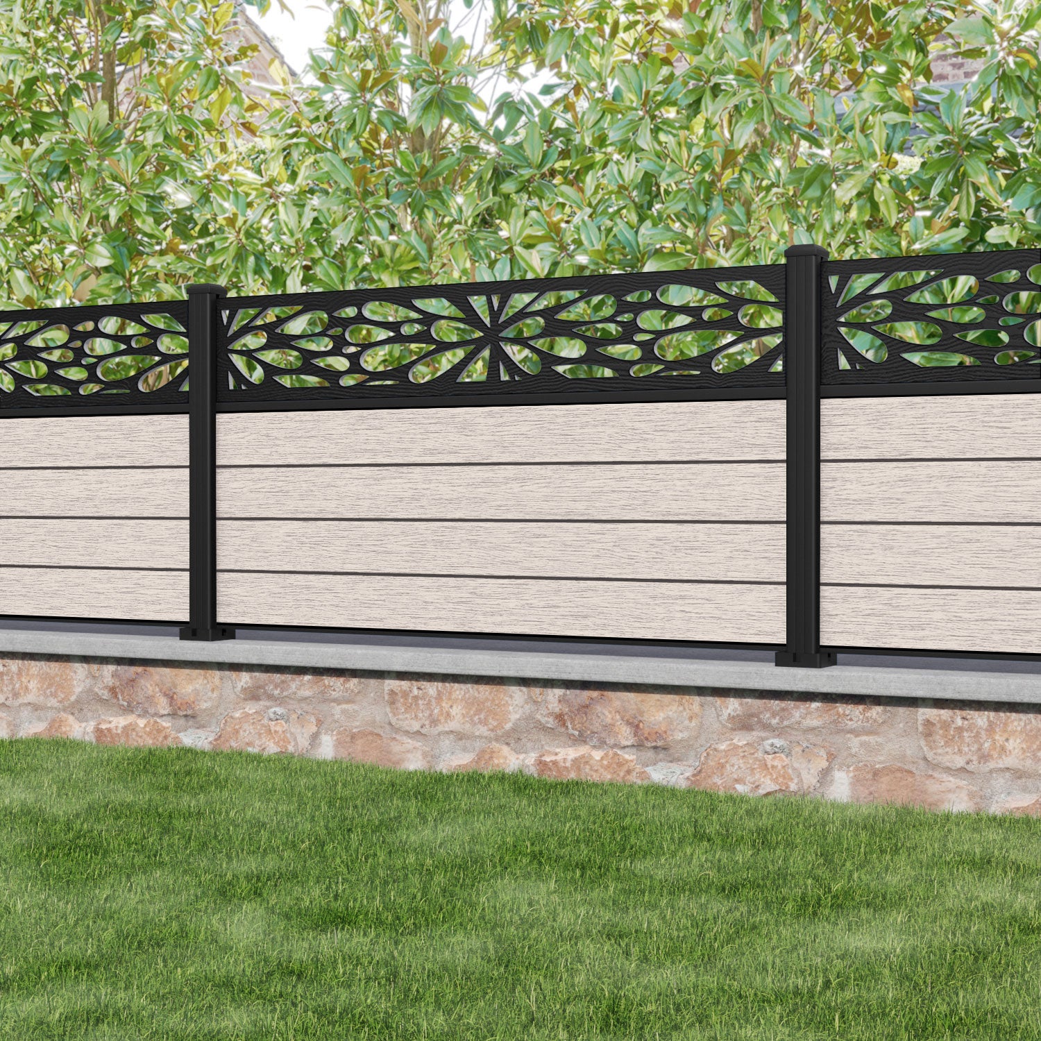 Fusion Blossom Fence Panel - Mid Stone - with our aluminium posts