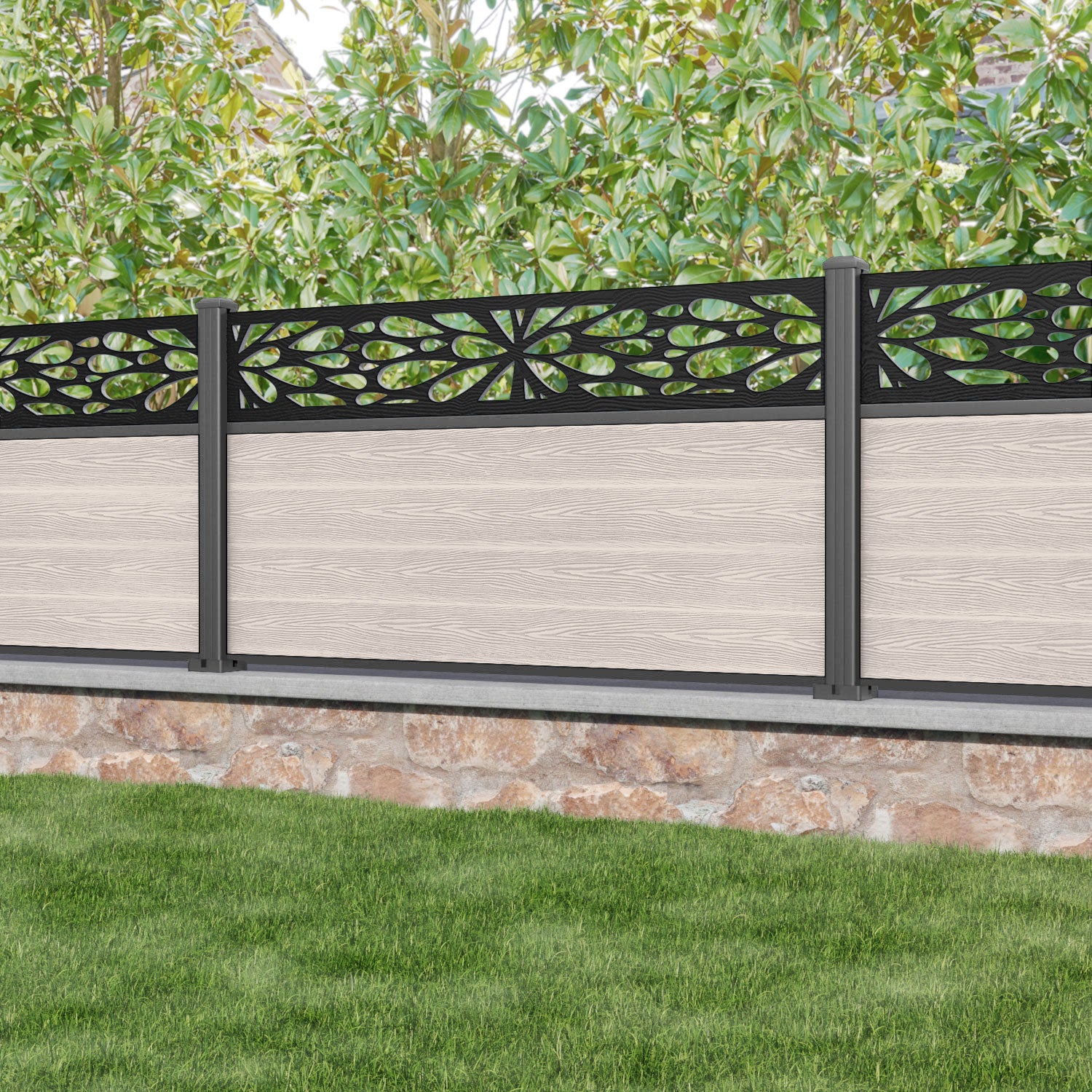 Classic Blossom Fence Panel - Mid Stone - with our aluminium posts