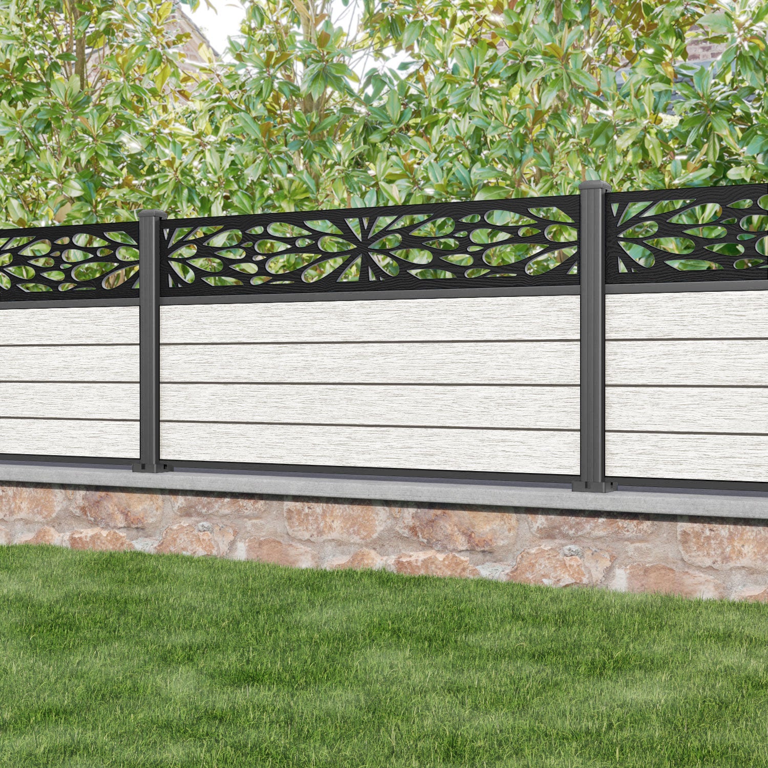 Fusion Blossom Fence Panel - Light Stone - with our aluminium posts