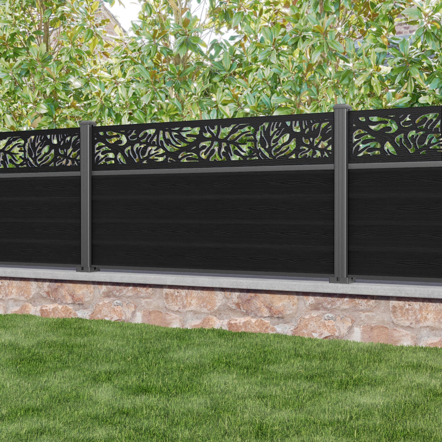 Classic Botanic Fence Panel - Black - with our aluminium posts