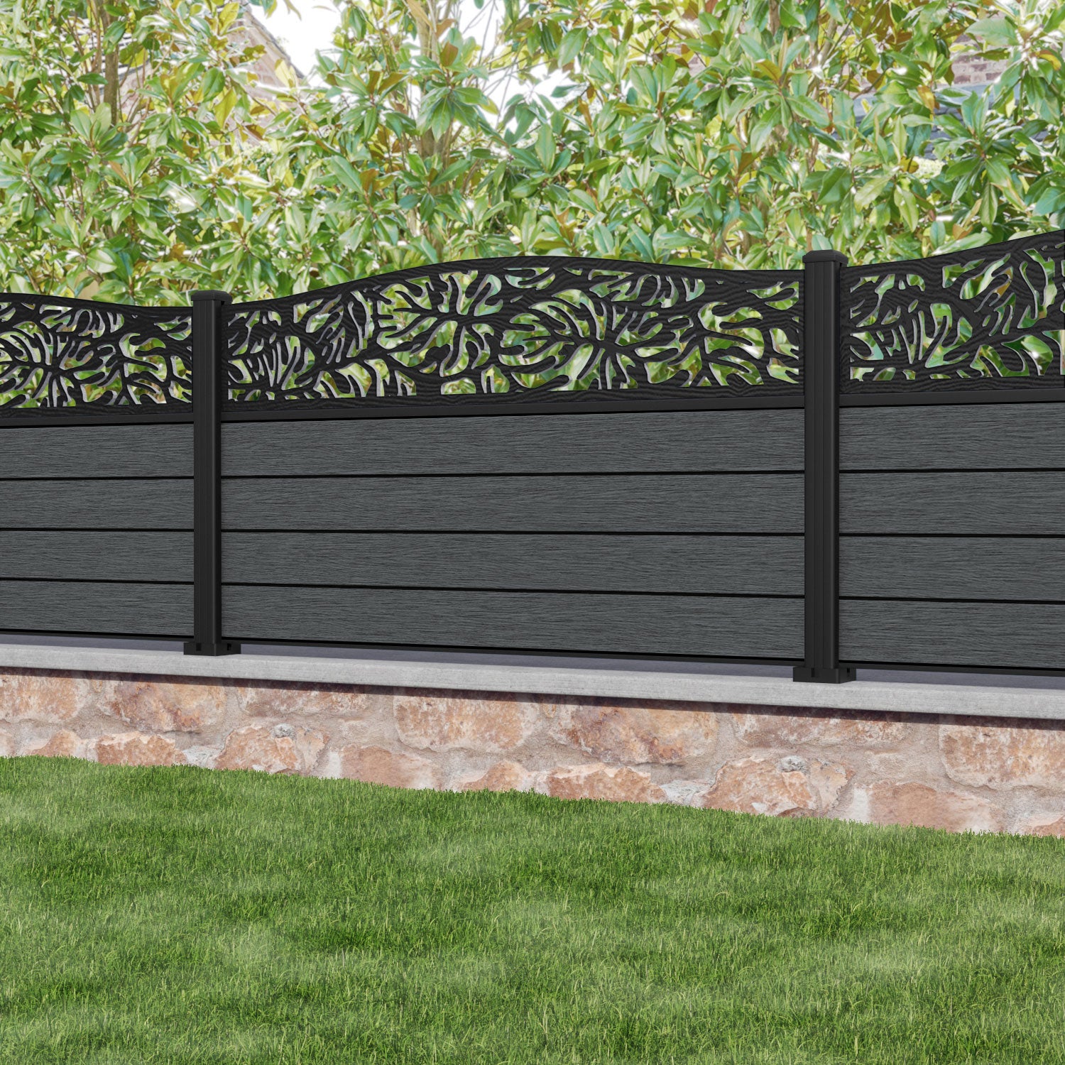 Fusion Botanic Curved Top Fence Panel - Dark Grey - with our aluminium posts