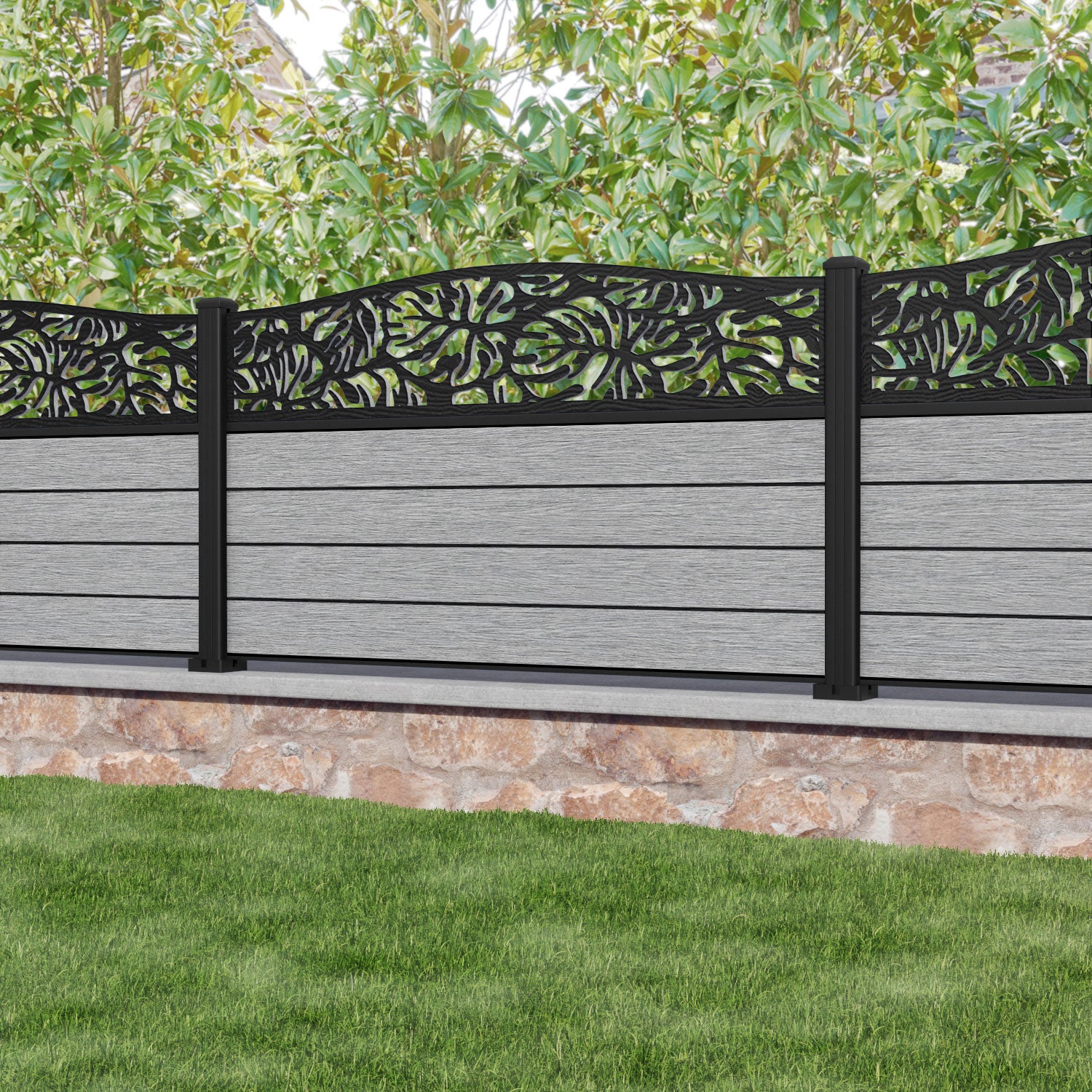 Fusion Botanic Curved Top Fence Panel - Light Grey - with our aluminium posts