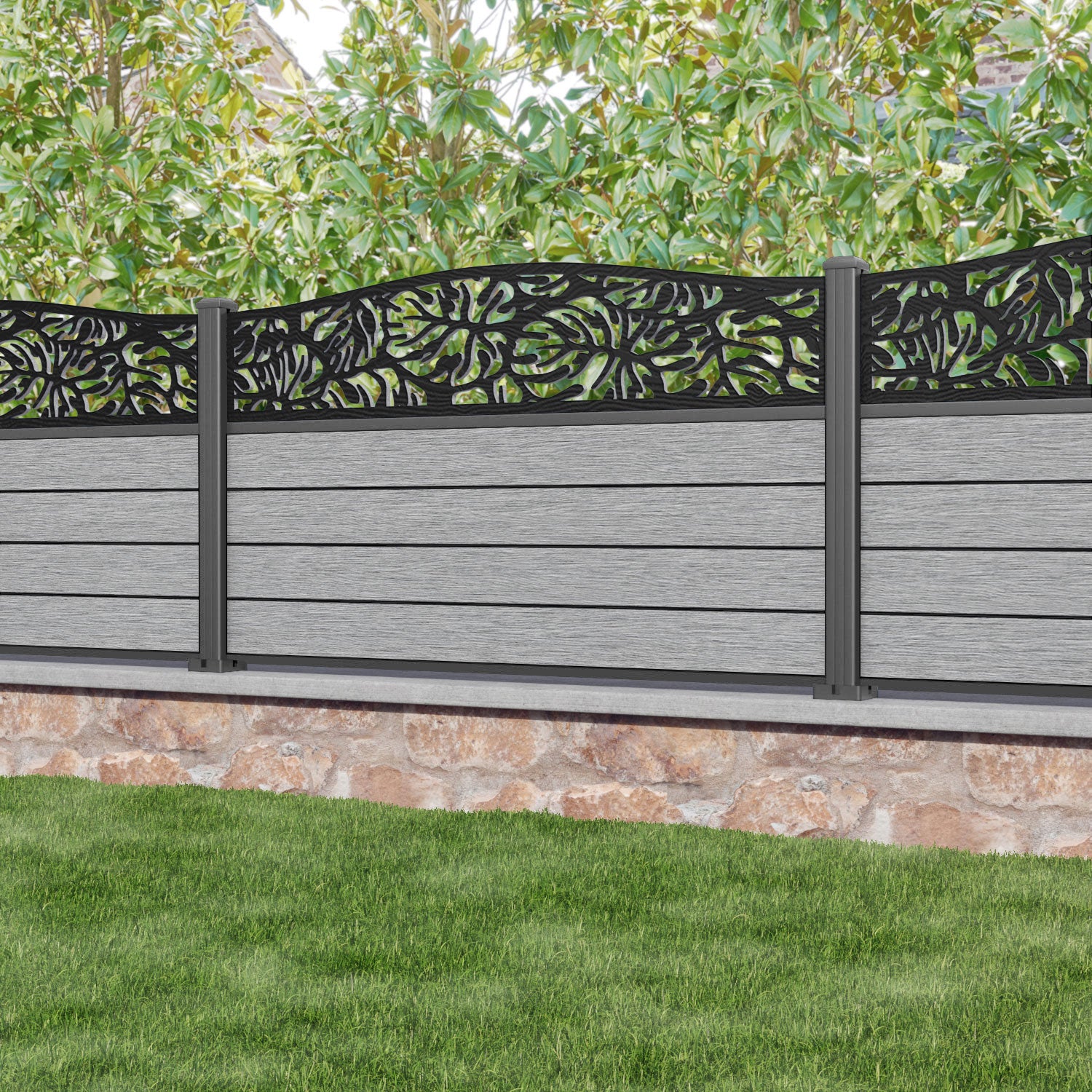 Fusion Botanic Curved Top Fence Panel - Light Grey - with our aluminium posts