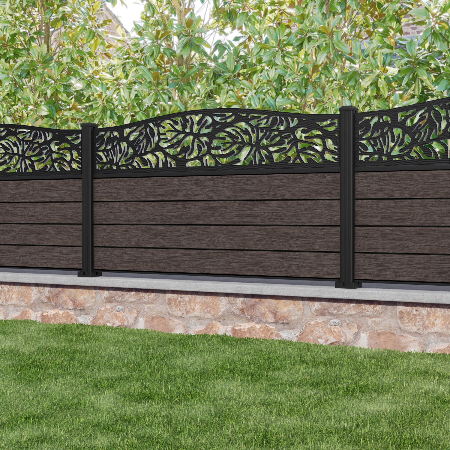 Fusion Botanic Curved Top Fence Panel - Mid Brown - with our aluminium posts