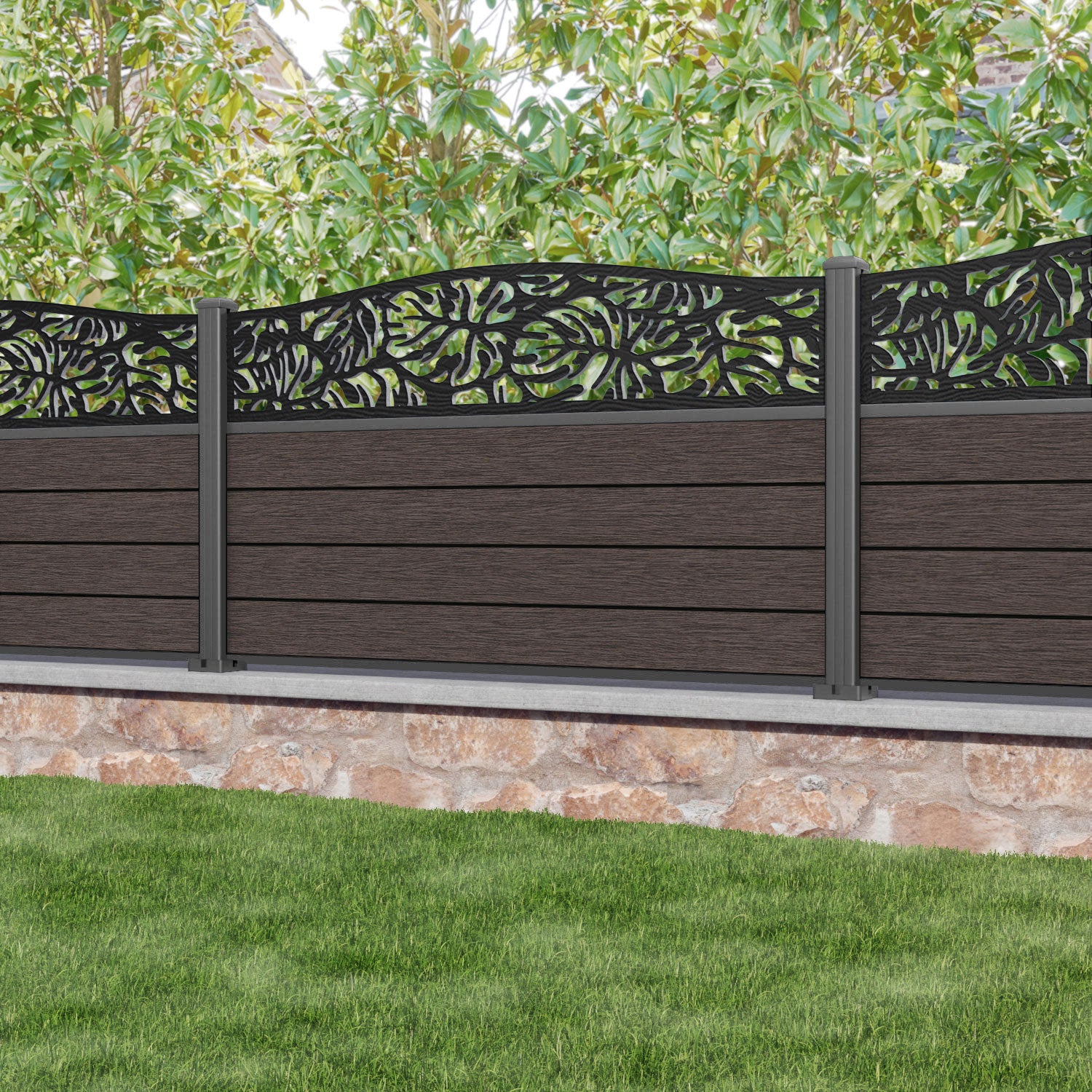 Fusion Botanic Curved Top Fence Panel - Mid Brown - with our aluminium posts