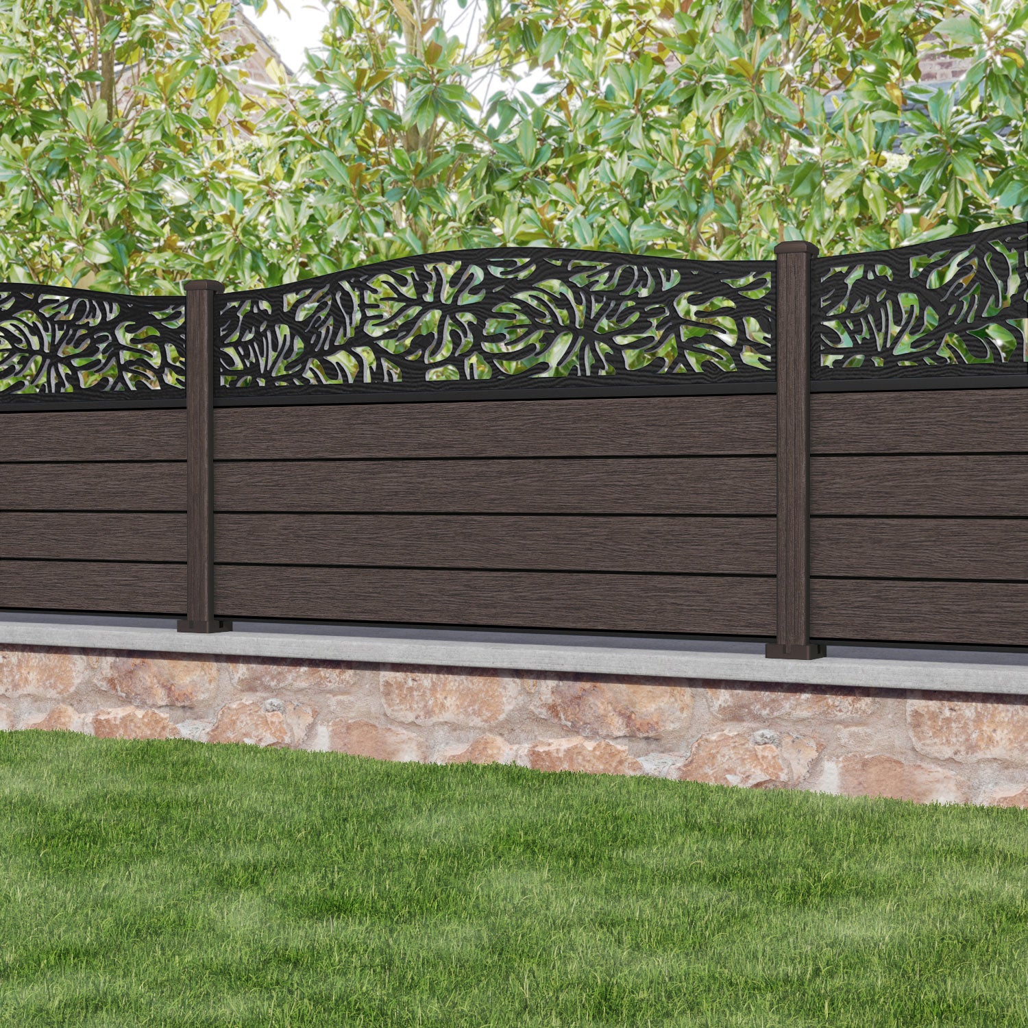 Fusion Botanic Curved Top Fence Panel - Mid Brown - with our composite posts
