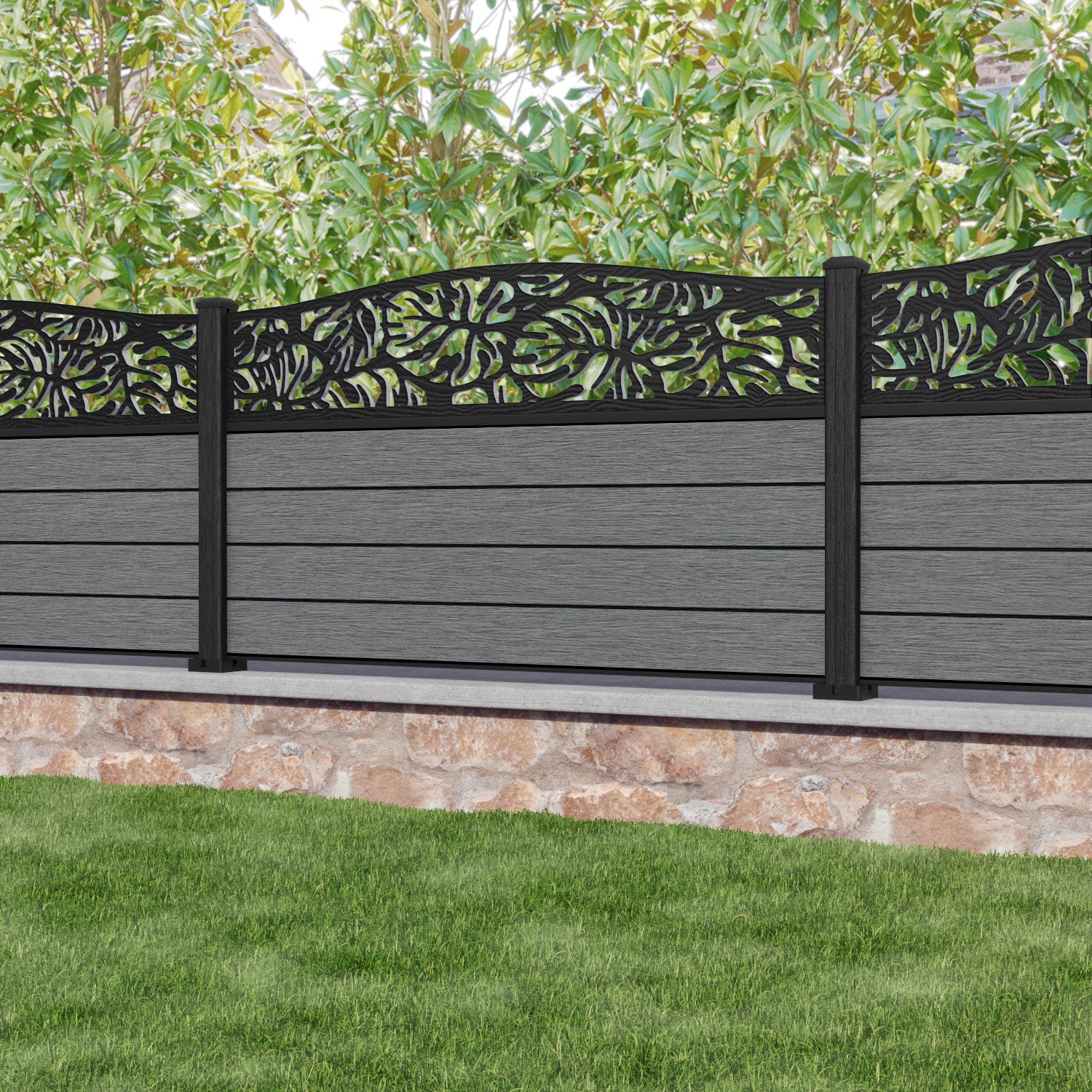 Fusion Botanic Curved Top Fence Panel - Mid Grey - with our composite posts
