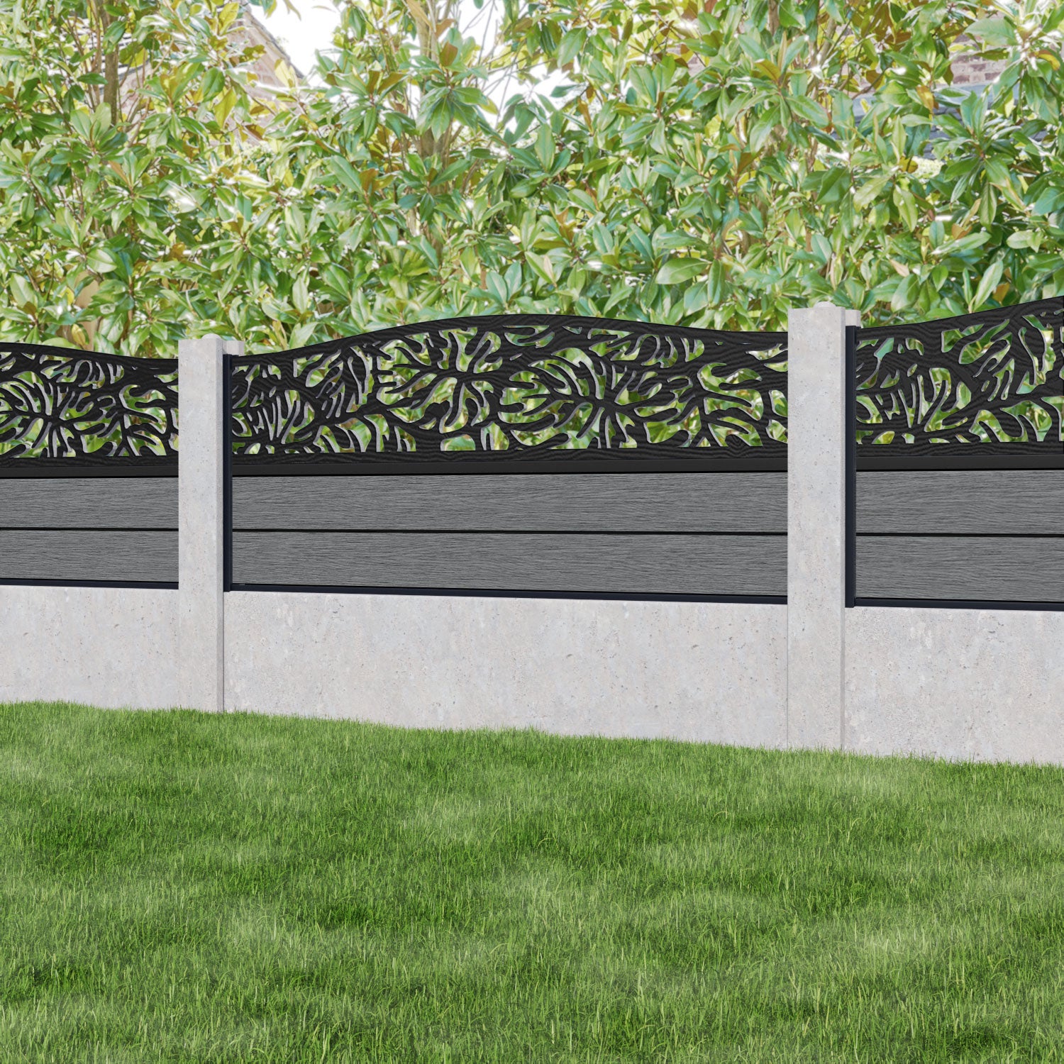 Fusion Botanic Curved Top Fence Panel - Mid Grey - for existing concrete posts