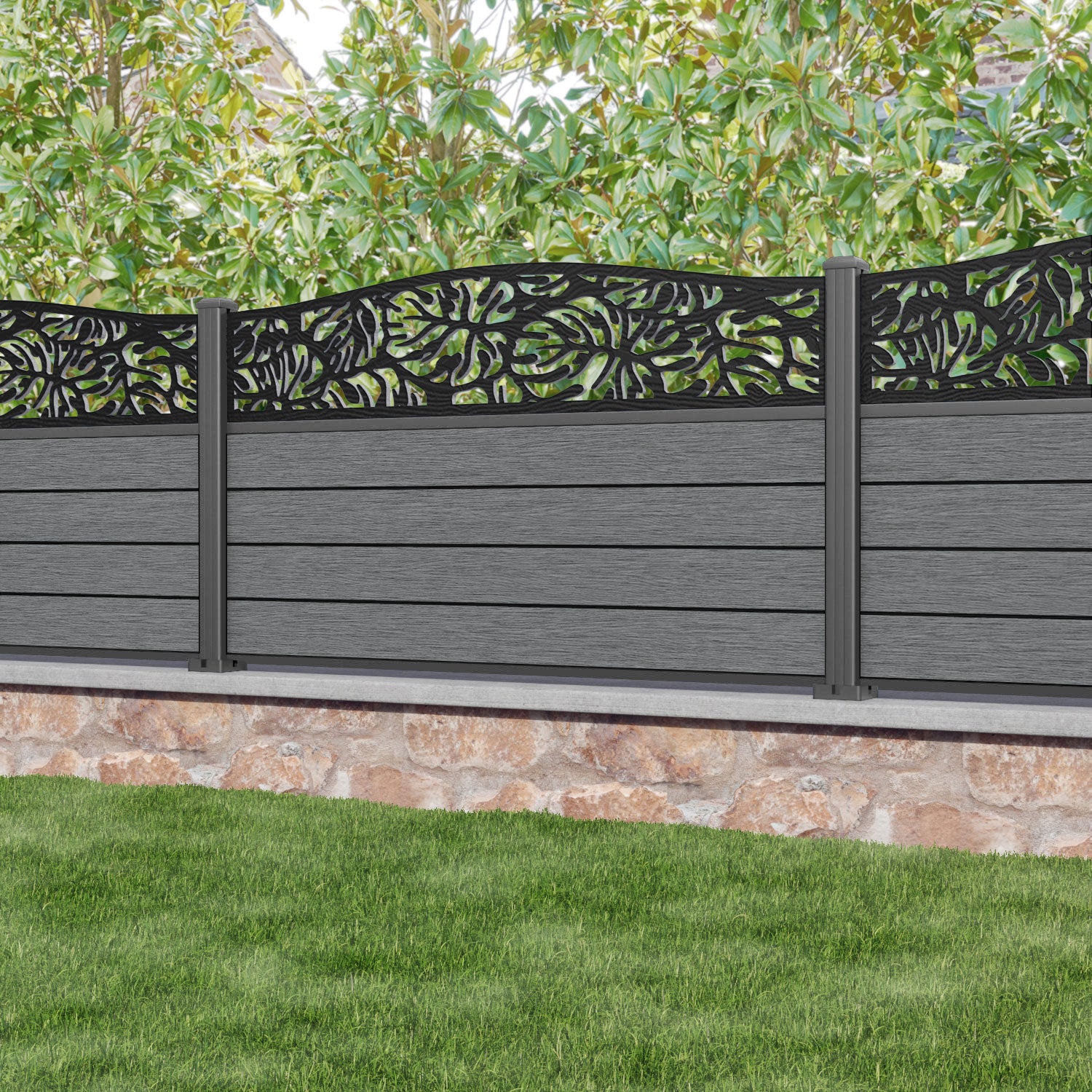 Fusion Botanic Curved Top Fence Panel - Mid Grey - with our aluminium posts