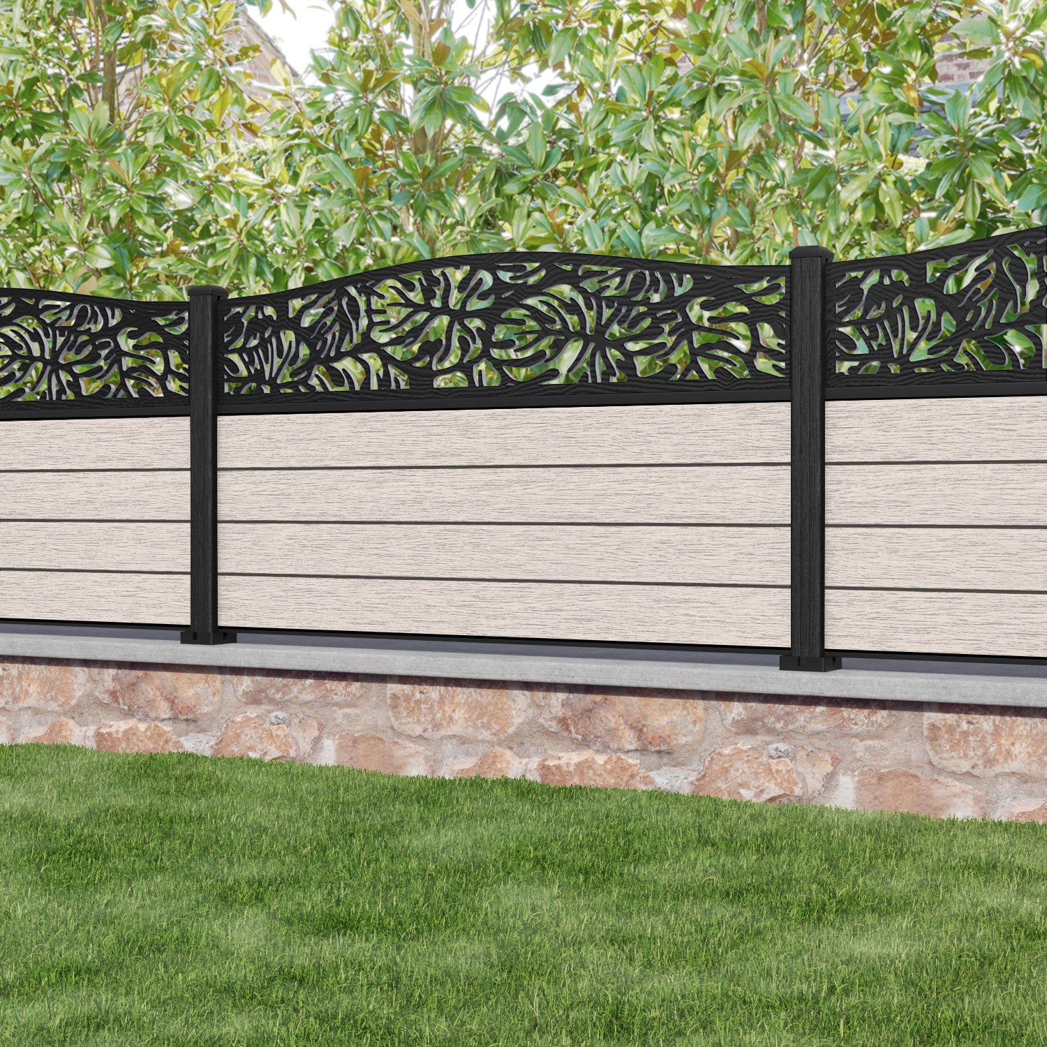Fusion Botanic Curved Top Fence Panel - Mid Stone - with our composite posts