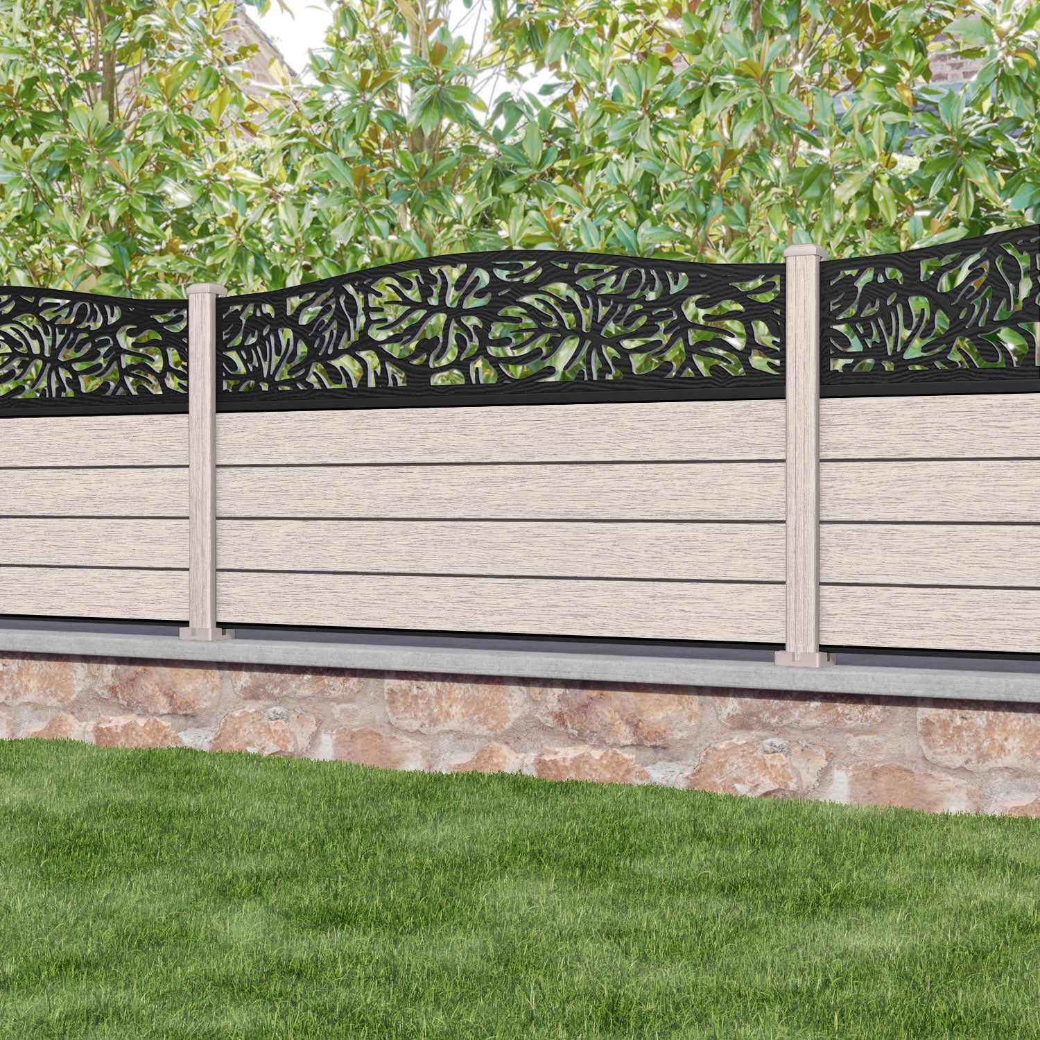 Fusion Botanic Curved Top Fence Panel - Mid Stone - with our composite posts