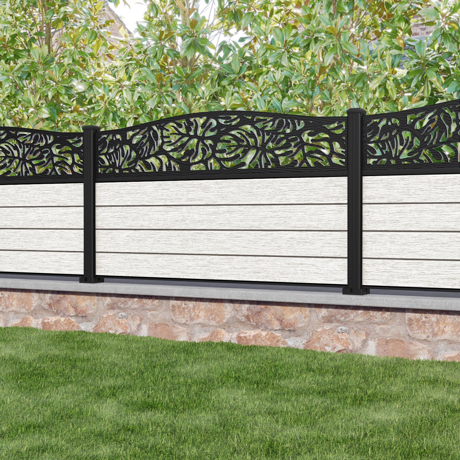 Fusion Botanic Curved Top Fence Panel - Light Stone - with our aluminium posts