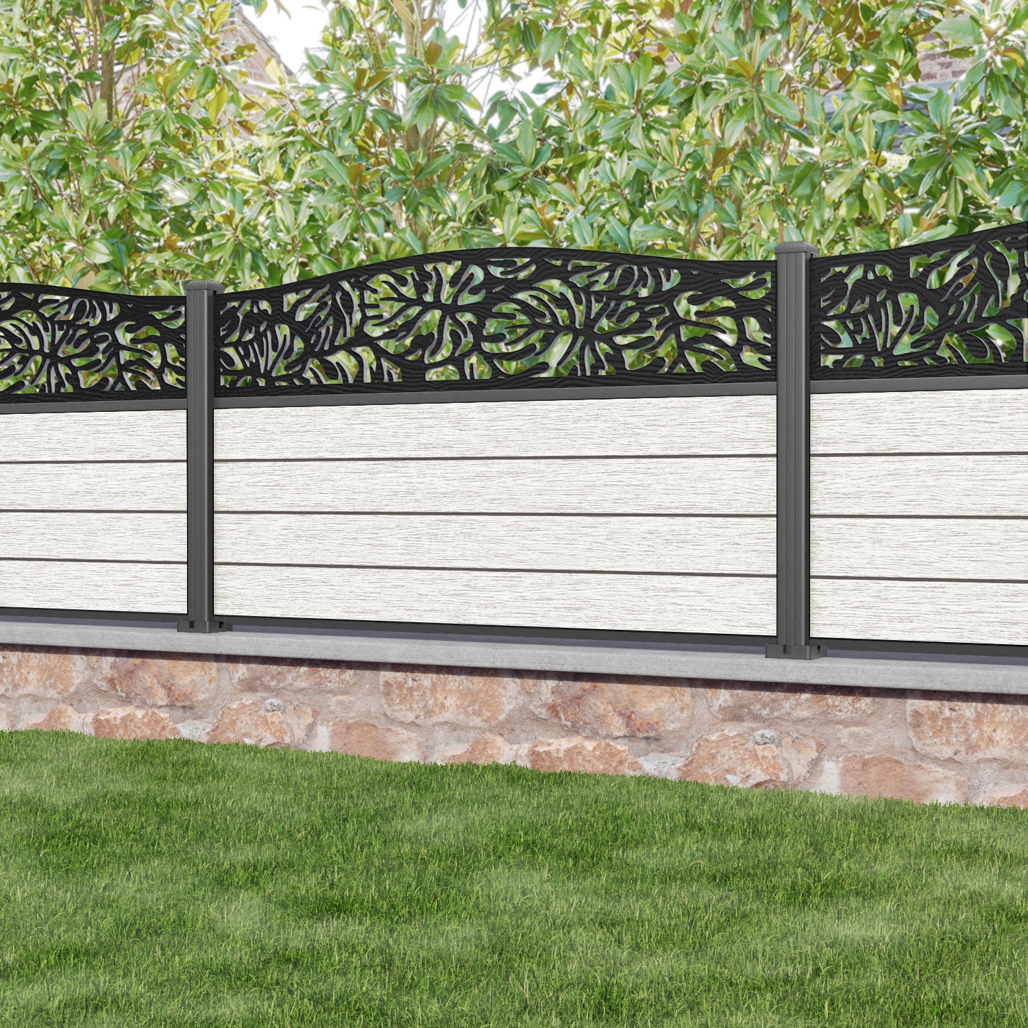 Fusion Botanic Curved Top Fence Panel - Light Stone - with our aluminium posts