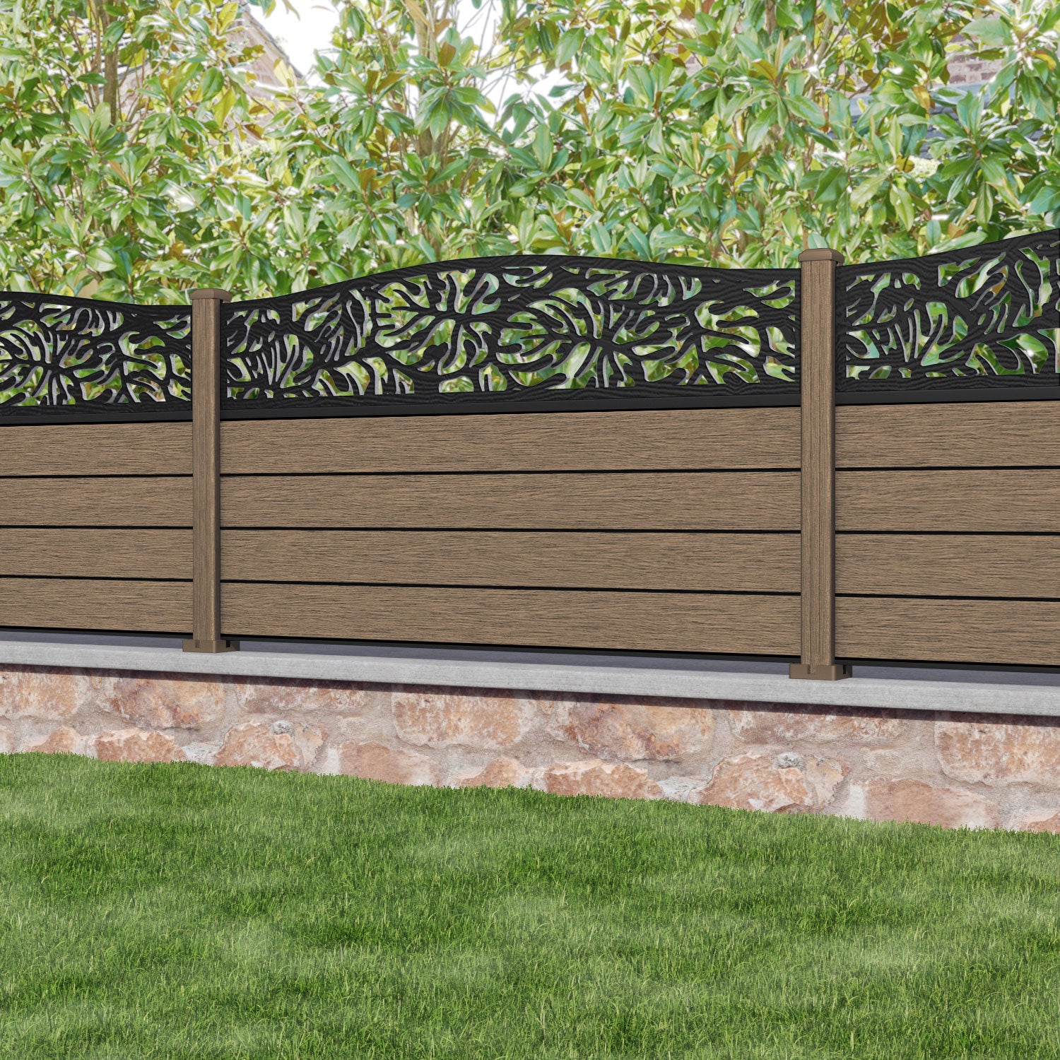 Fusion Botanic Curved Top Fence Panel - Teak - with our composite posts